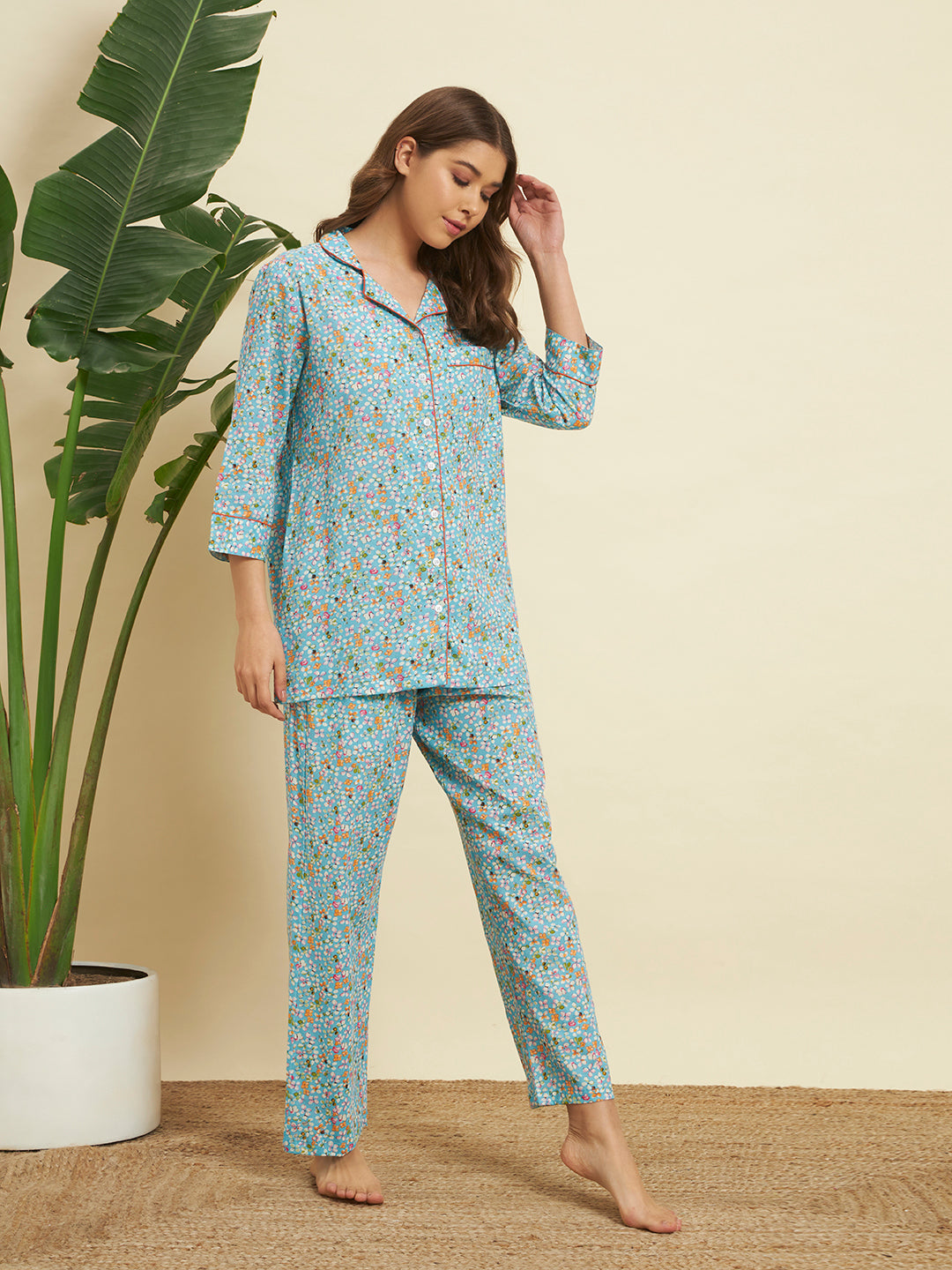 Sky Blue Floral Cotton Night Suit Set – Soft & Elegant Comfort Wear