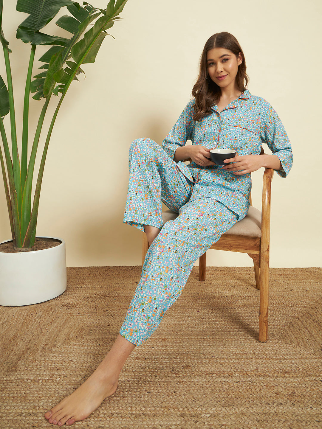 Sky Blue Floral Cotton Night Suit Set – Soft & Elegant Comfort Wear