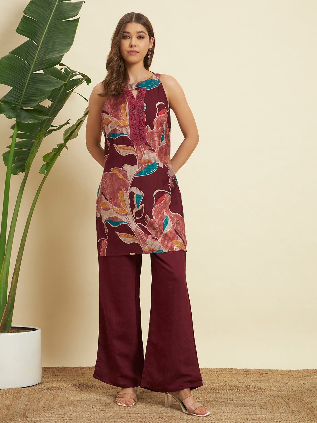 ❤️ Maroon Floral Printed Cotton Co-Ord Set for Women