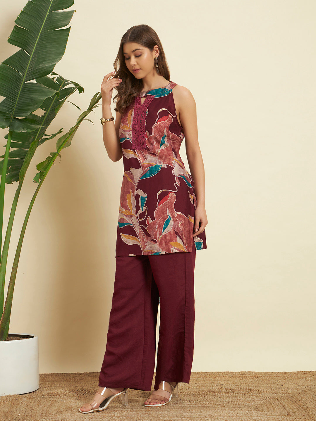 ❤️ Maroon Floral Printed Cotton Co-Ord Set for Women