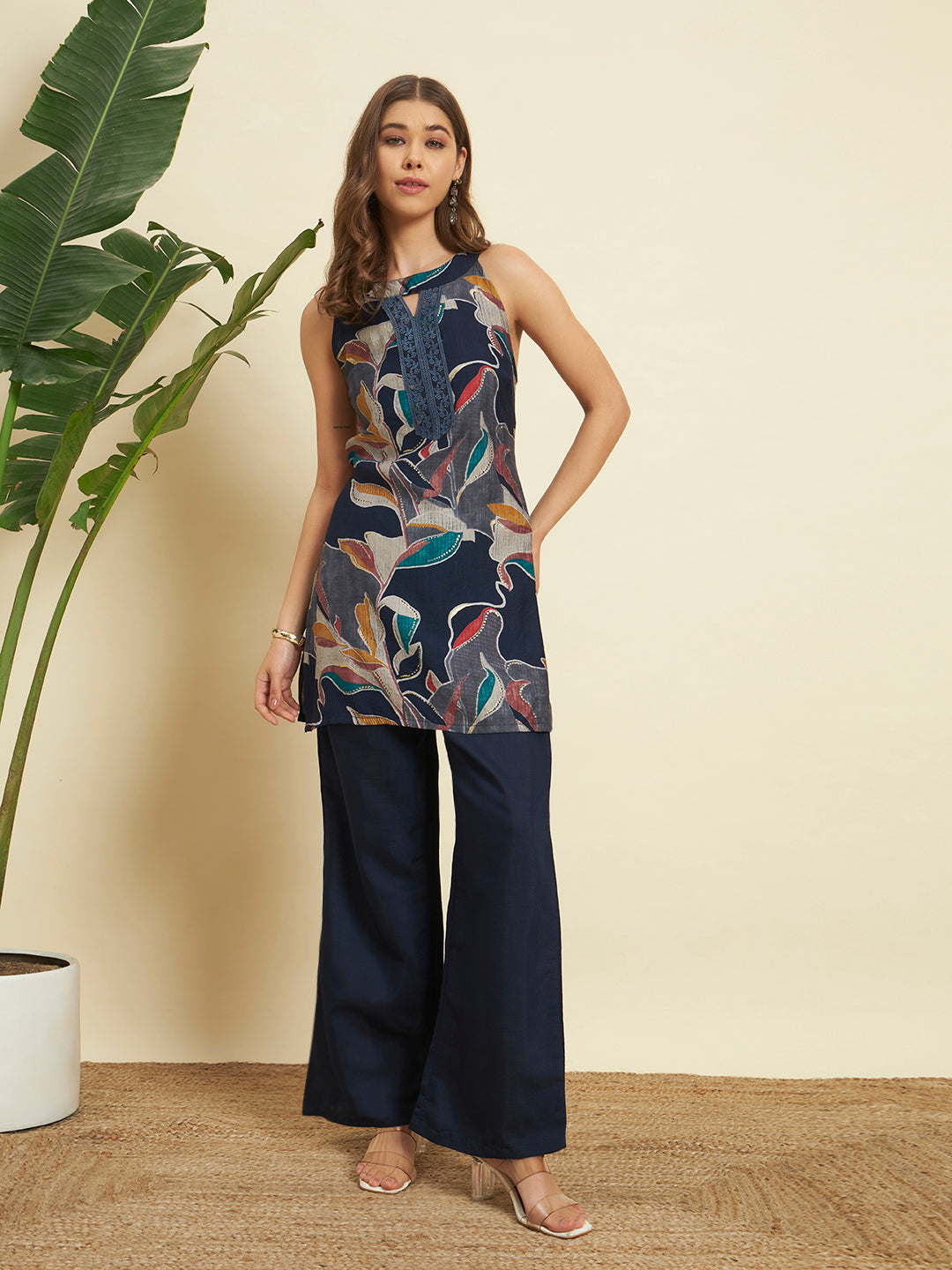 💙 Navy Blue Floral Printed Co-Ord Set for Women