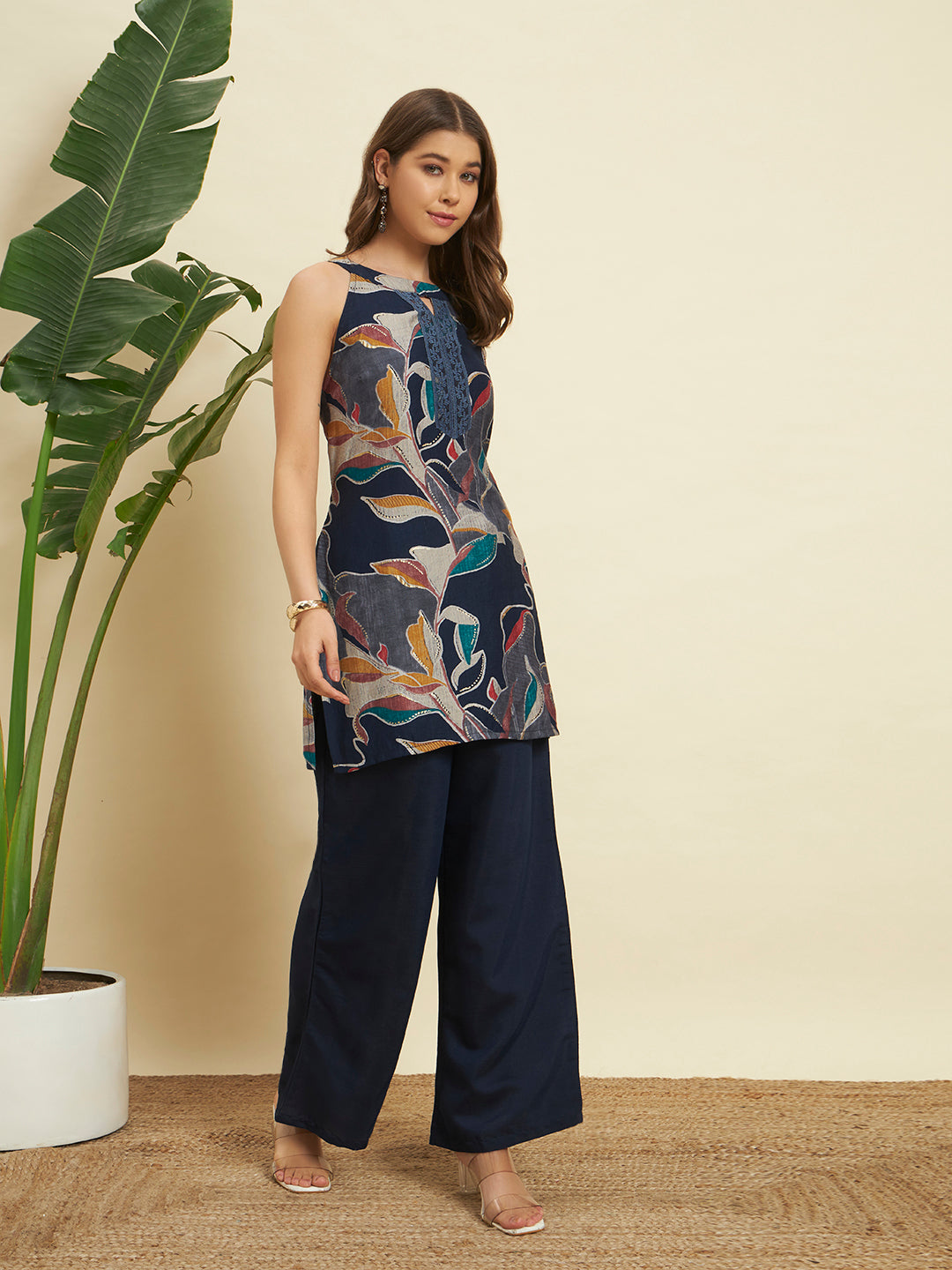 💙 Navy Blue Floral Printed Co-Ord Set for Women