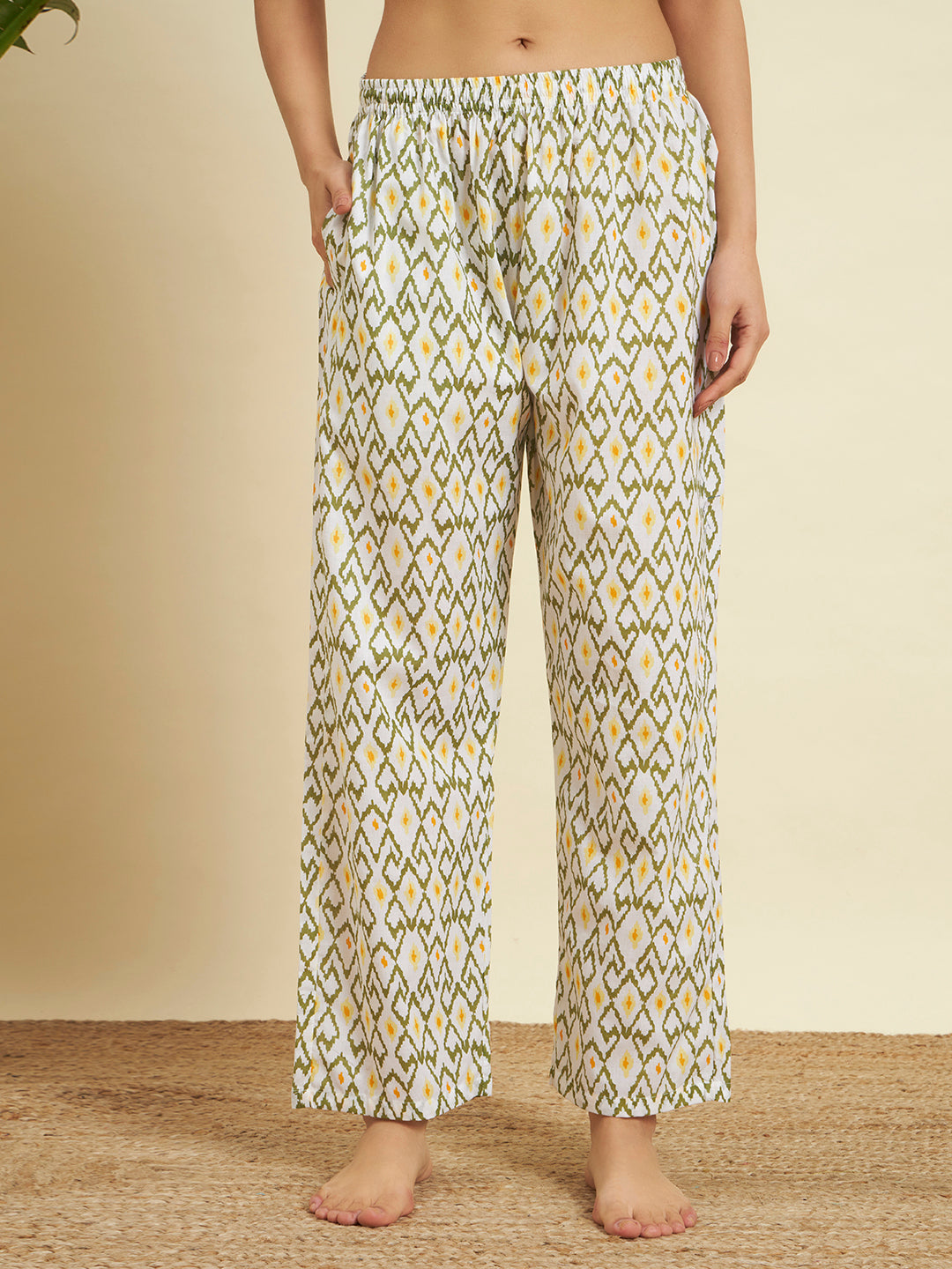 💛 Women’s Olive & Mustard Geometric Print Night Suit Co-Ord Set
