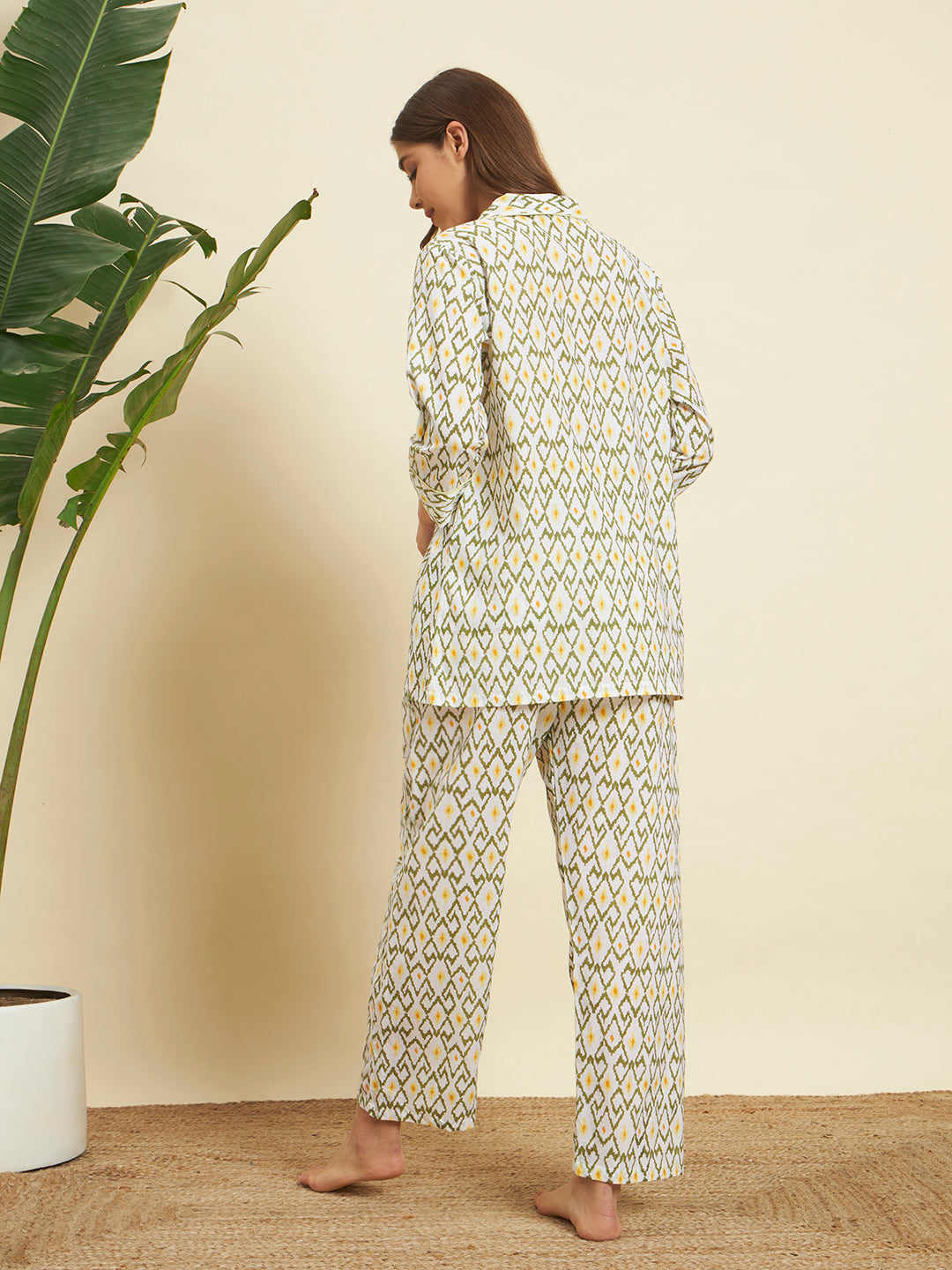 💛 Women’s Olive & Mustard Geometric Print Night Suit Co-Ord Set