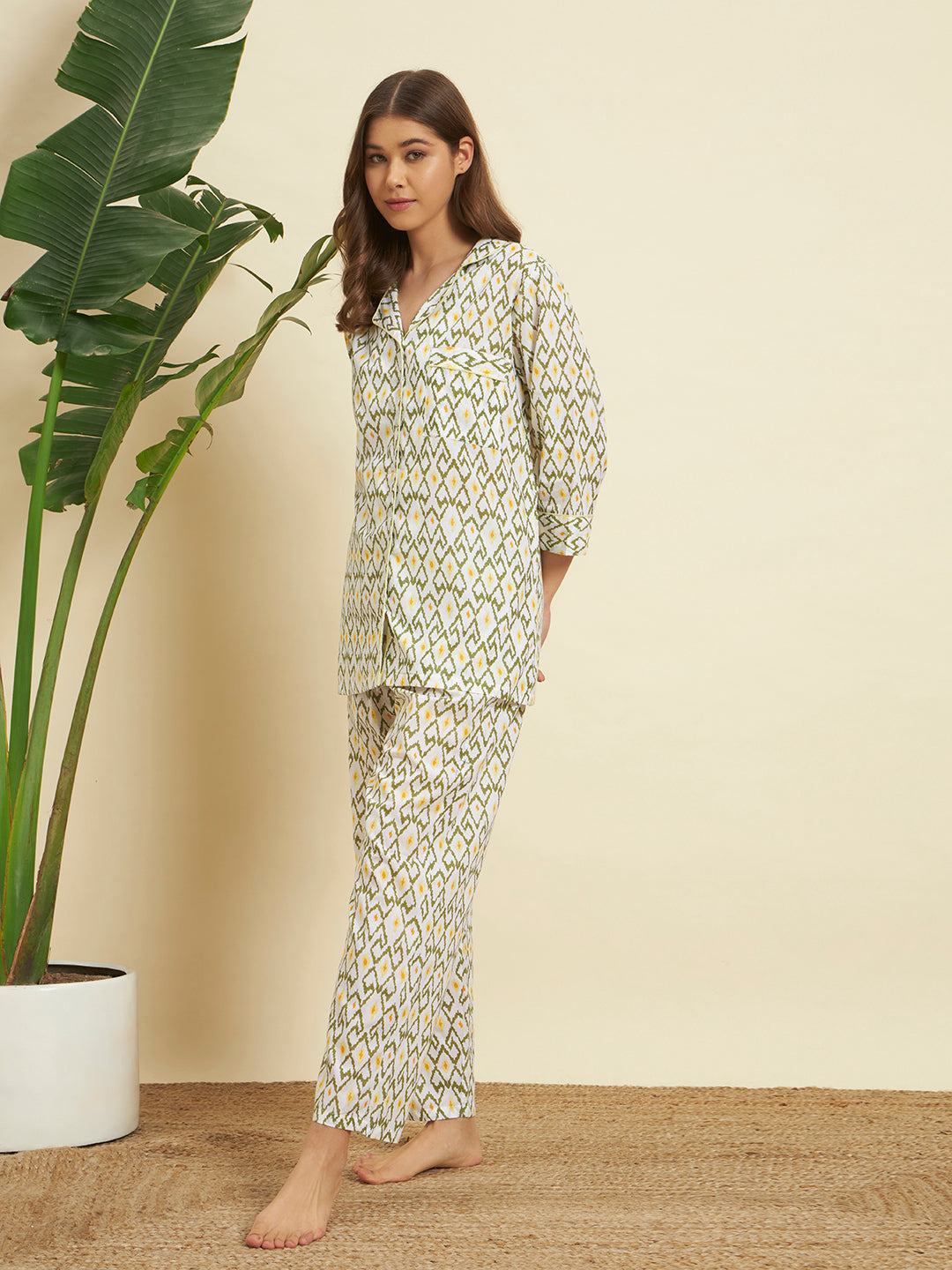 💛 Women’s Olive & Mustard Geometric Print Night Suit Co-Ord Set