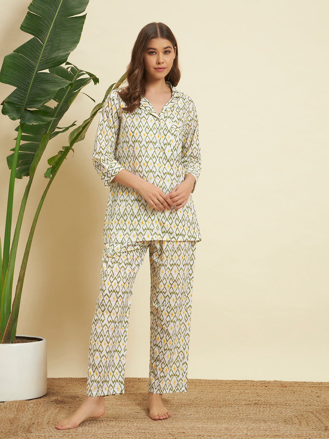 💛 Women’s Olive & Mustard Geometric Print Night Suit Co-Ord Set