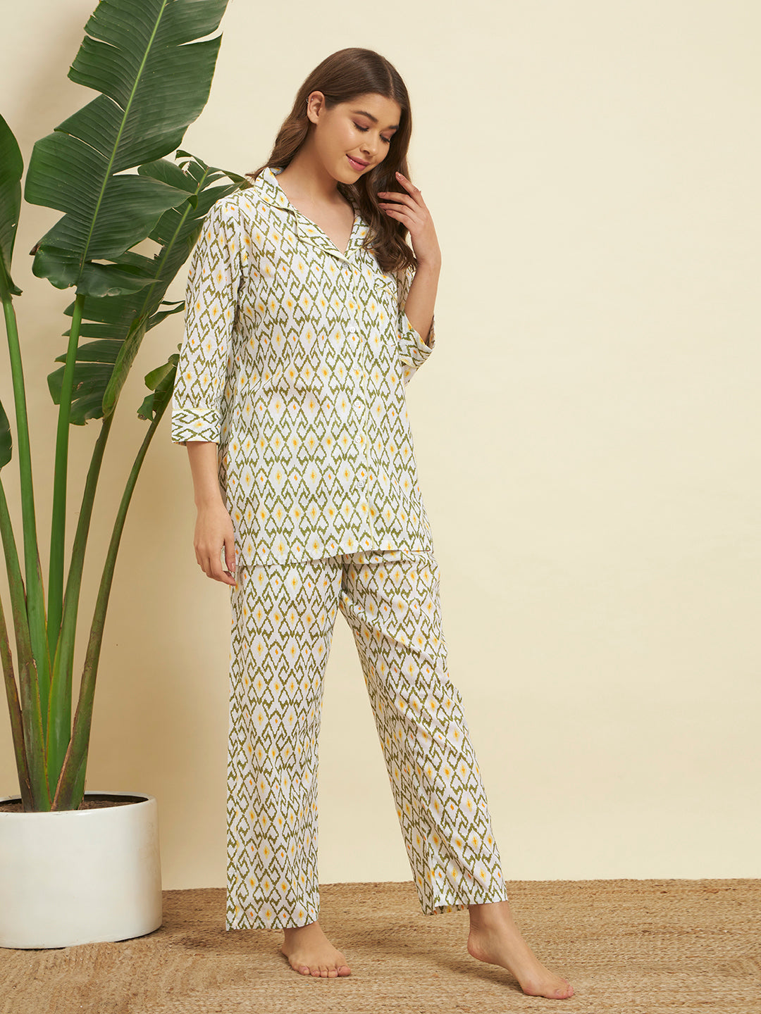 💛 Women’s Olive & Mustard Geometric Print Night Suit Co-Ord Set