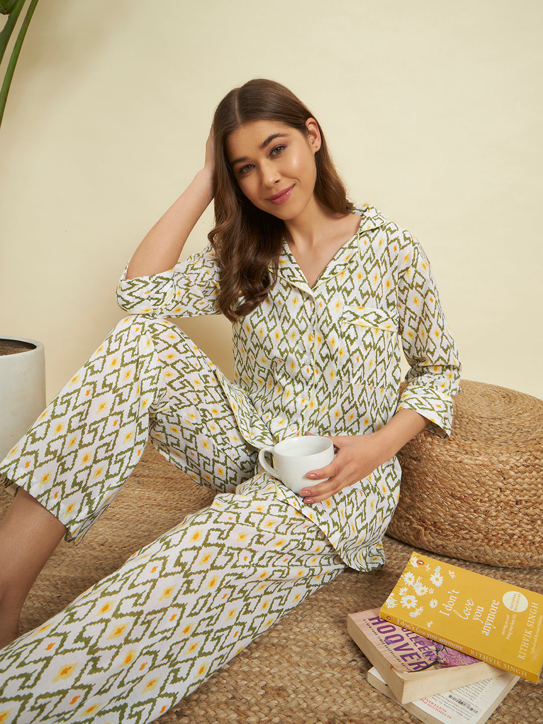 💛 Women’s Olive & Mustard Geometric Print Night Suit Co-Ord Set