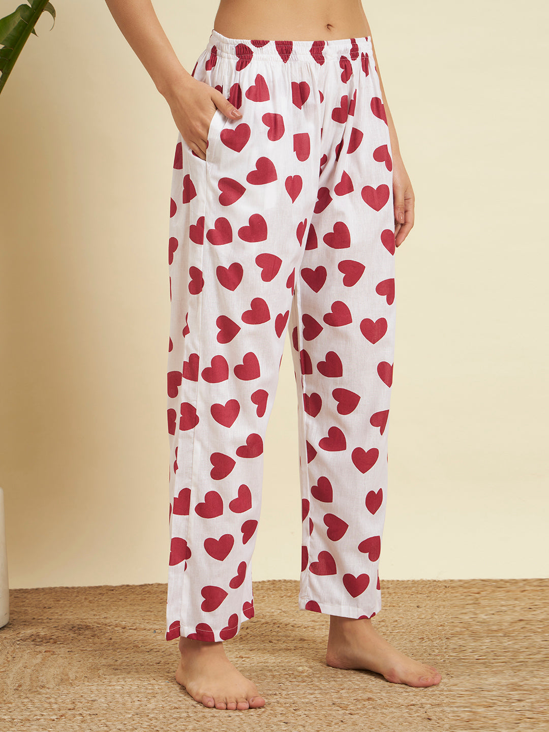 White & Red Heart Printed Night Suit Co-Ord Set for Women