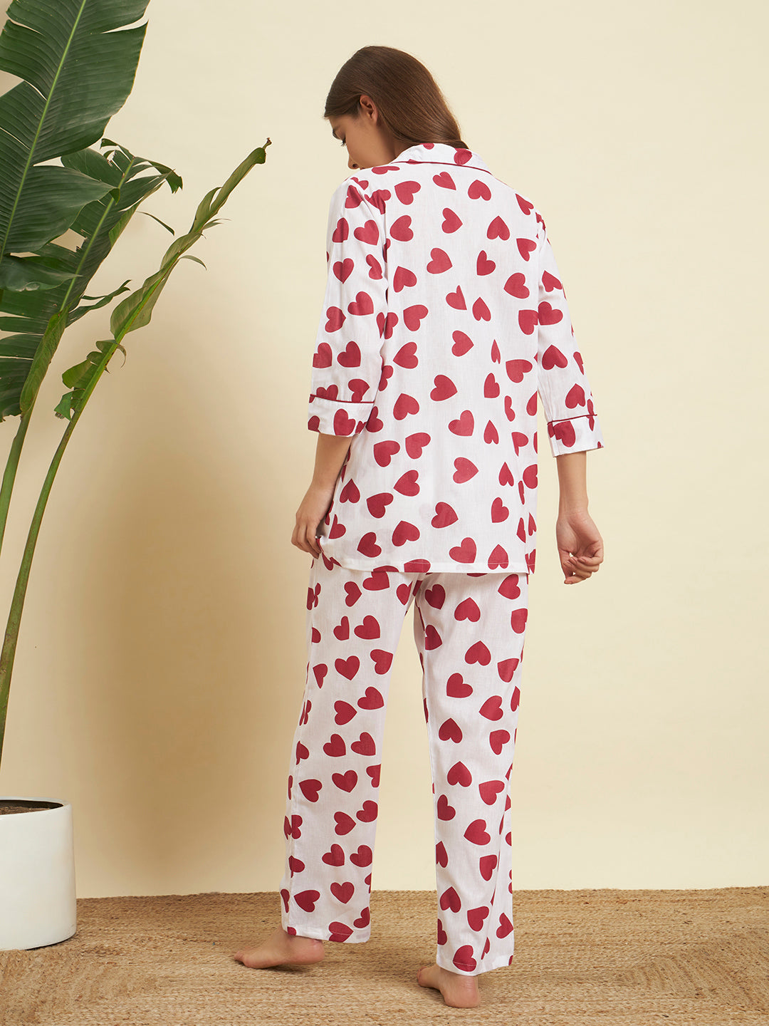 White & Red Heart Printed Night Suit Co-Ord Set for Women