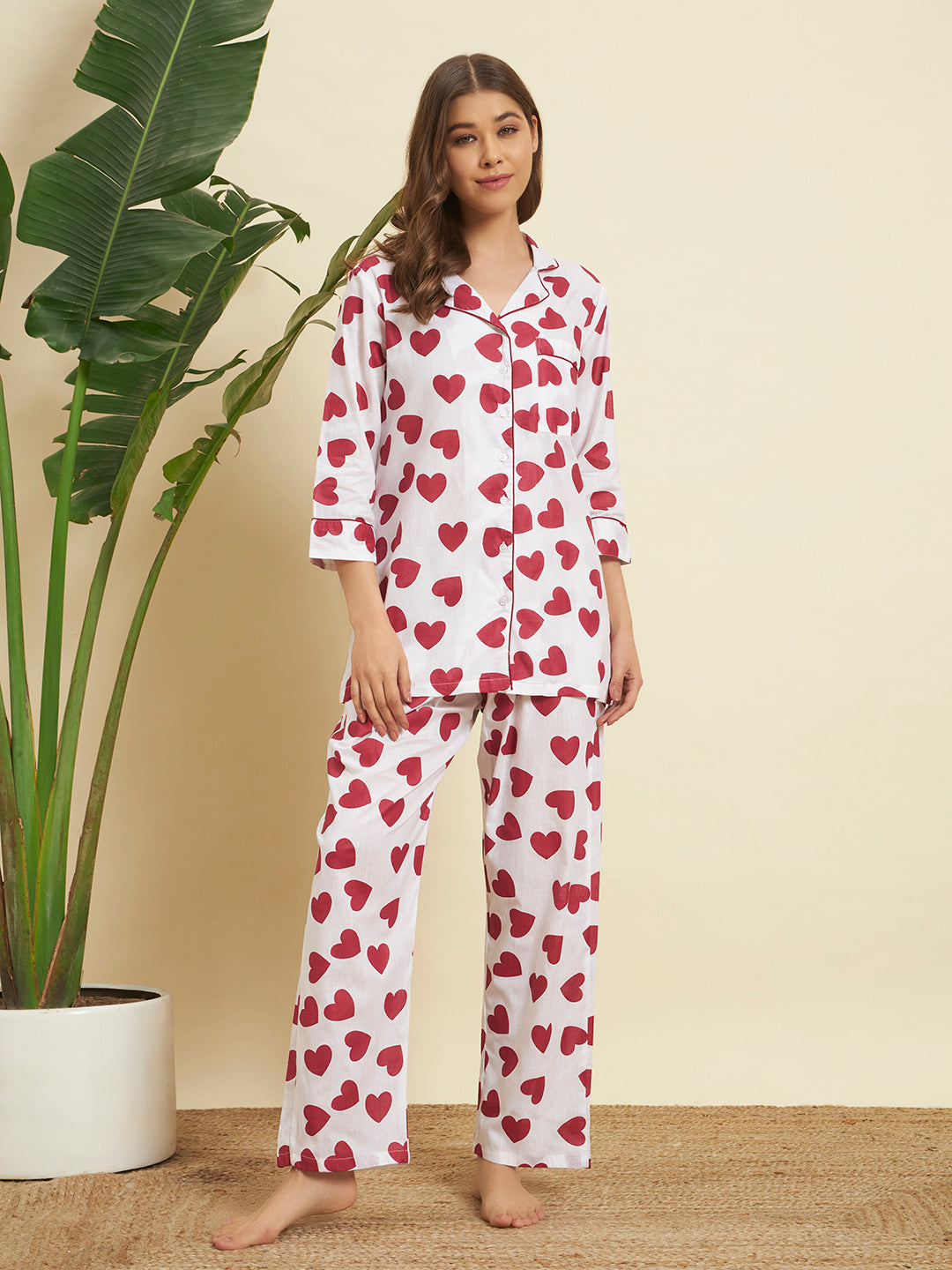 White & Red Heart Printed Night Suit Co-Ord Set for Women