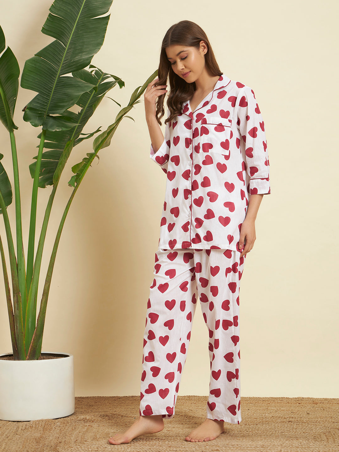 White & Red Heart Printed Night Suit Co-Ord Set for Women