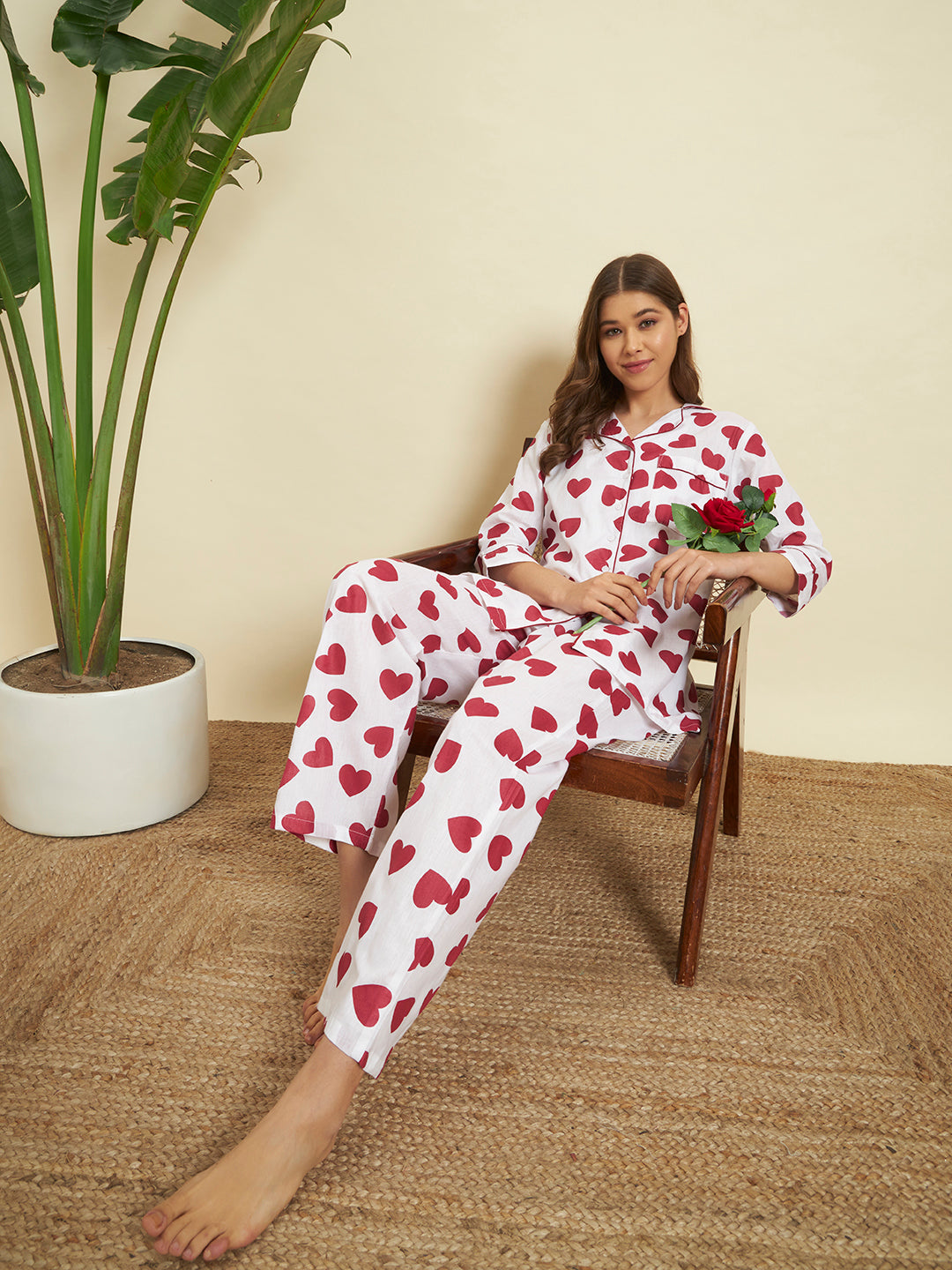 White & Red Heart Printed Night Suit Co-Ord Set for Women