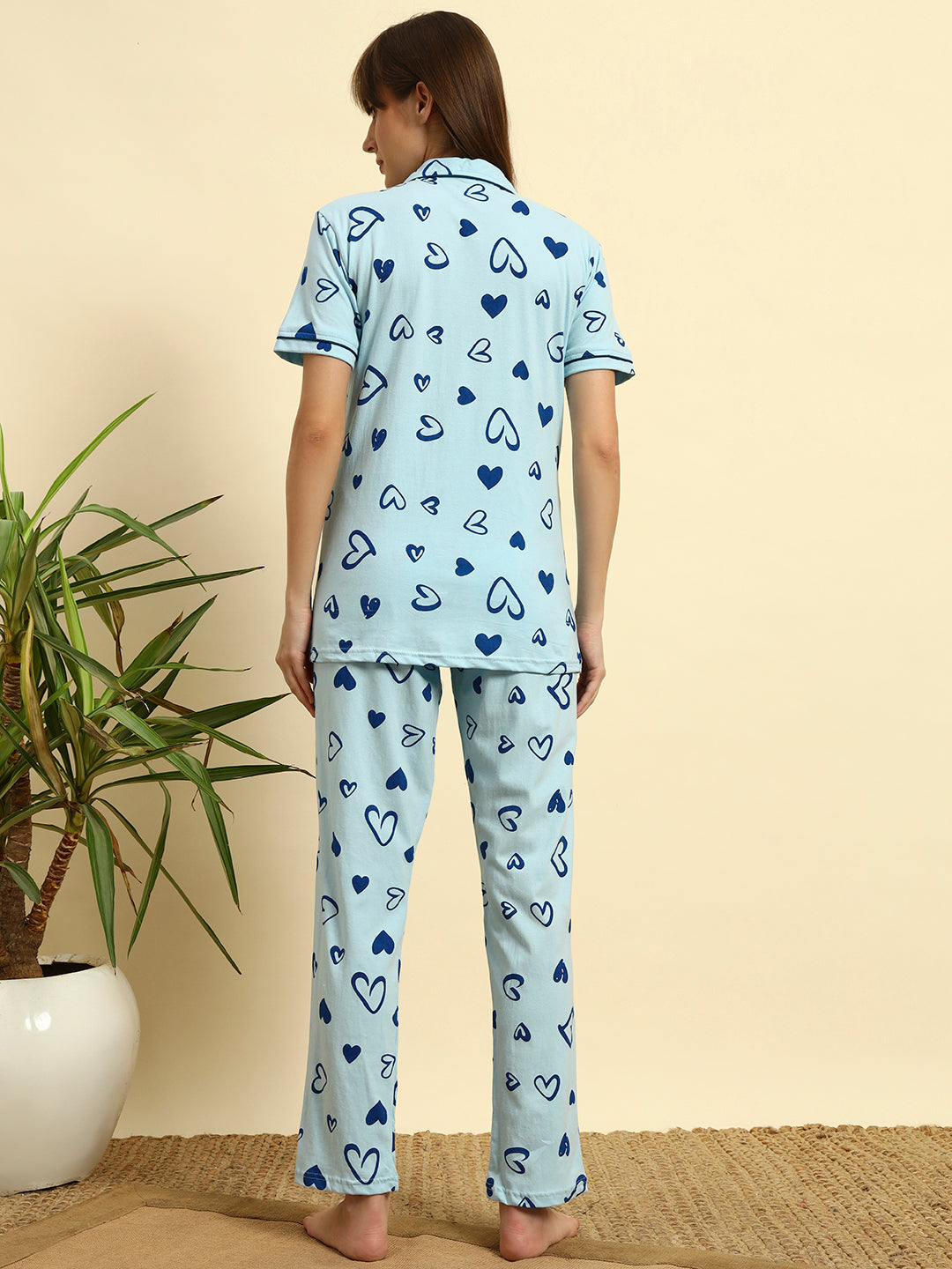 Sky Blue Printed Cotton Night Suit Set