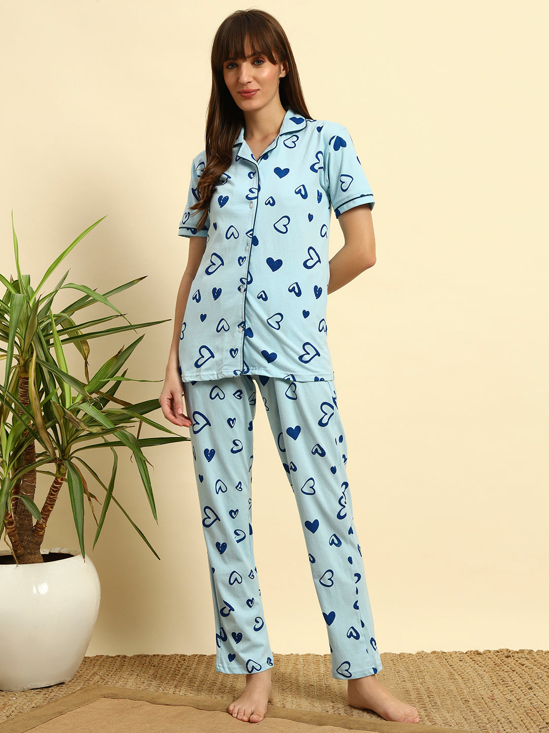 Sky Blue Printed Cotton Night Suit Set