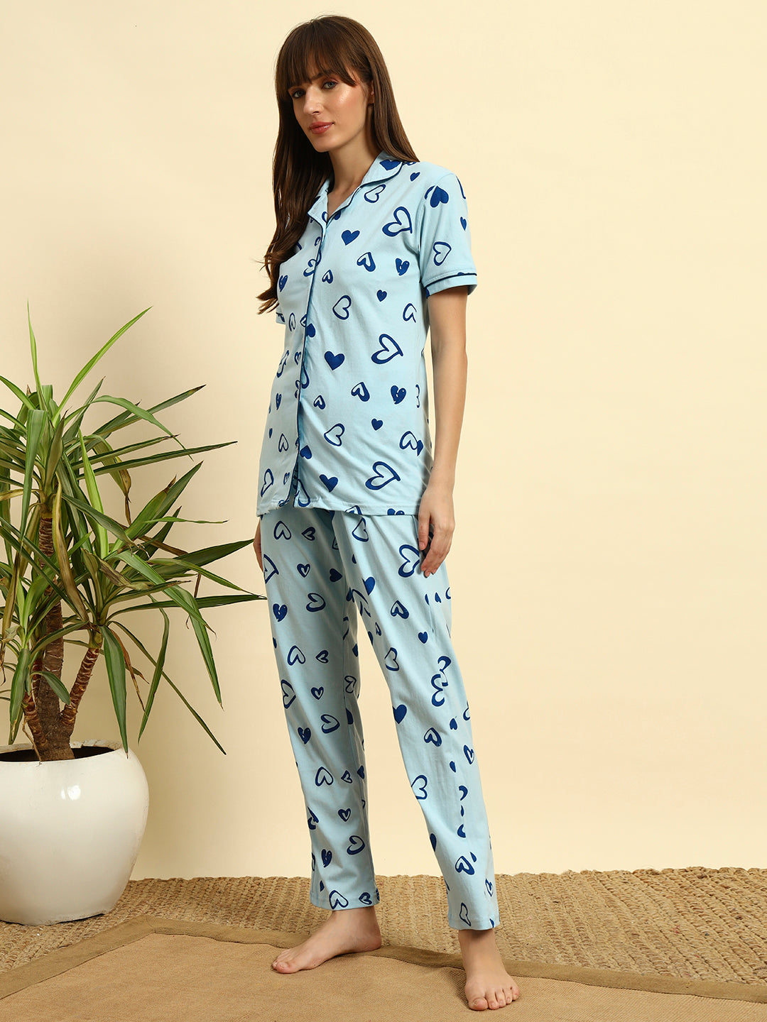 Sky Blue Printed Cotton Night Suit Set