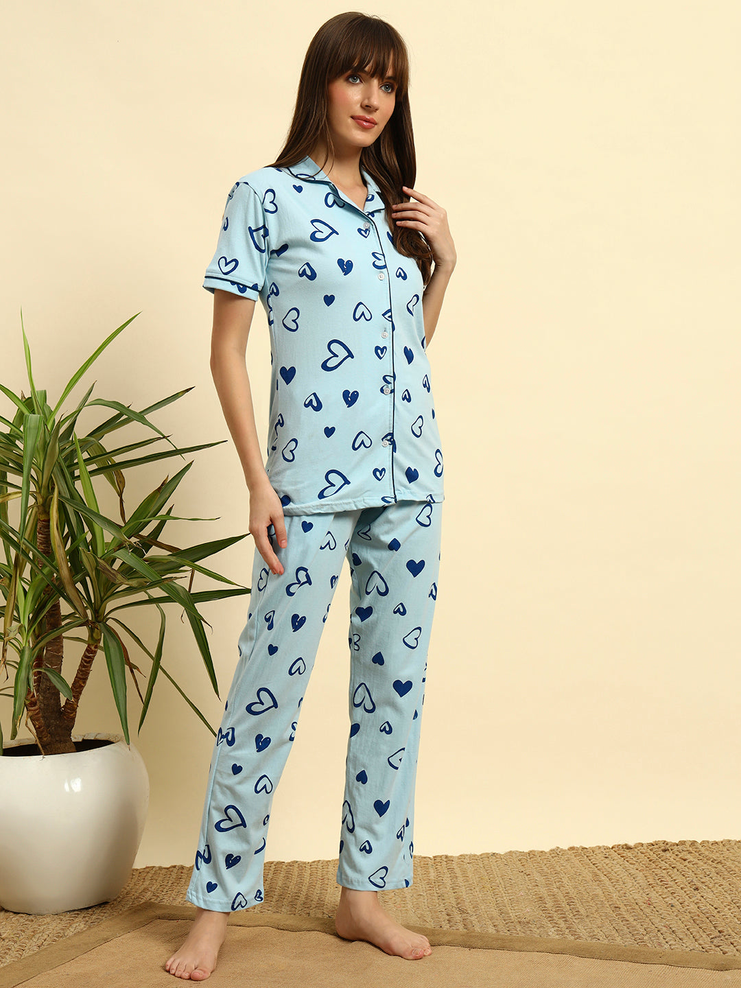 Sky Blue Printed Cotton Night Suit Set