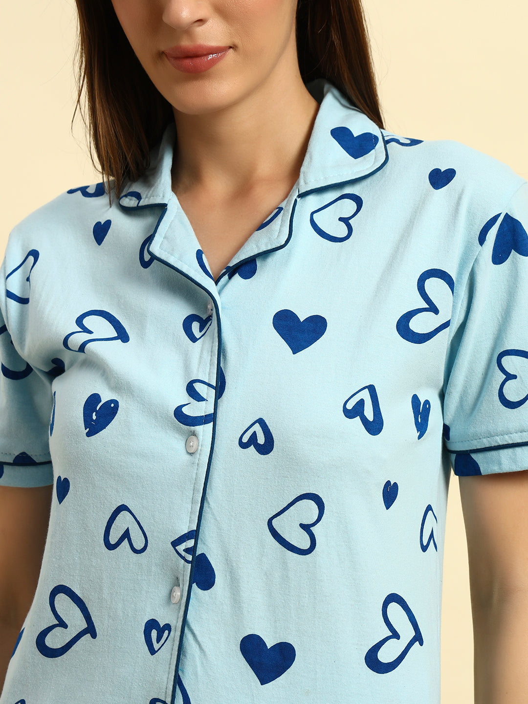 Sky Blue Printed Cotton Night Suit Set