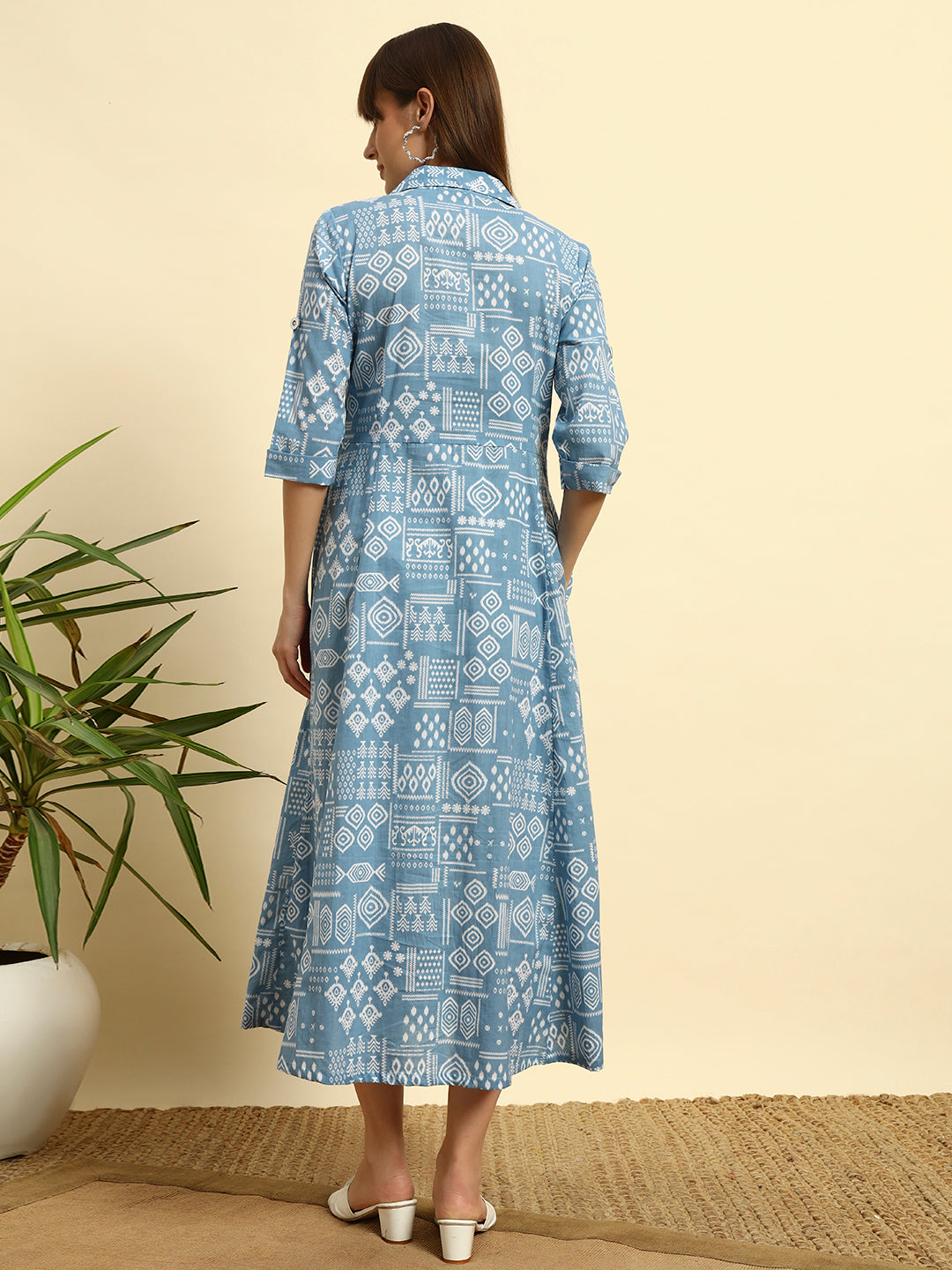 🖤 Women’s BlueAbstract Printed Shirt Dress with Belt