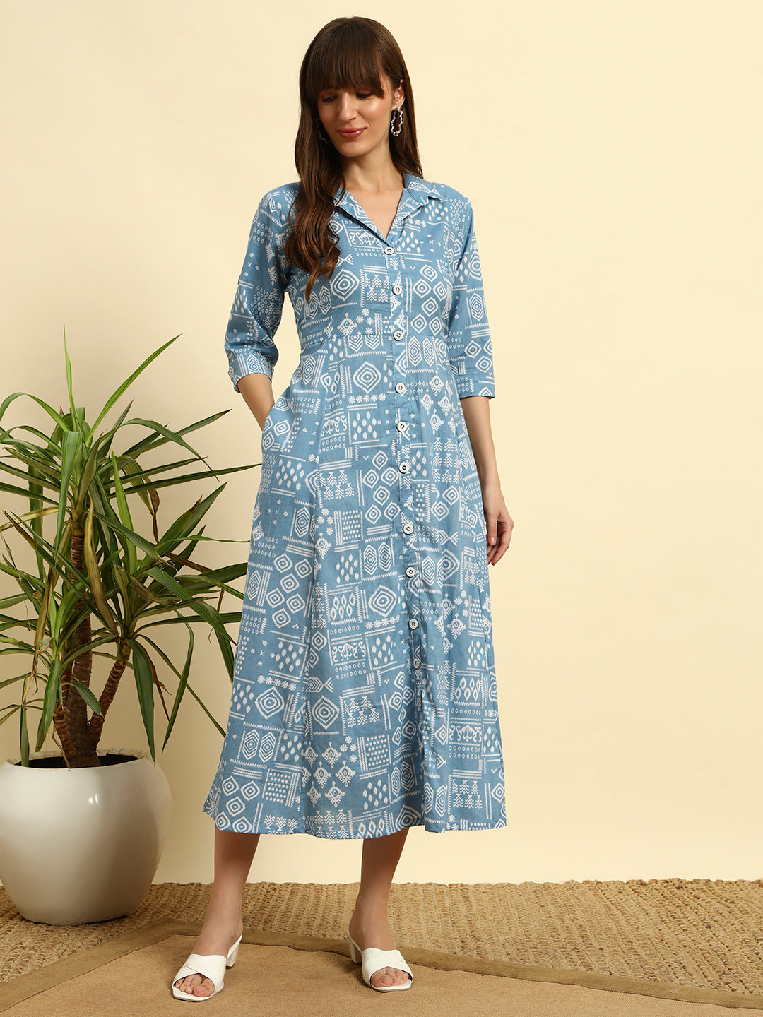 🖤 Women’s BlueAbstract Printed Shirt Dress with Belt