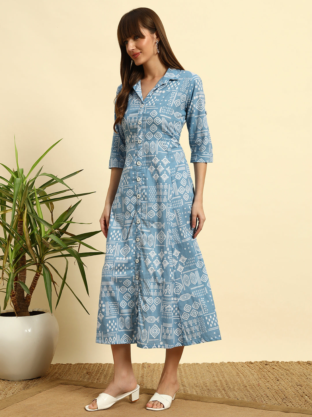 🖤 Women’s BlueAbstract Printed Shirt Dress with Belt