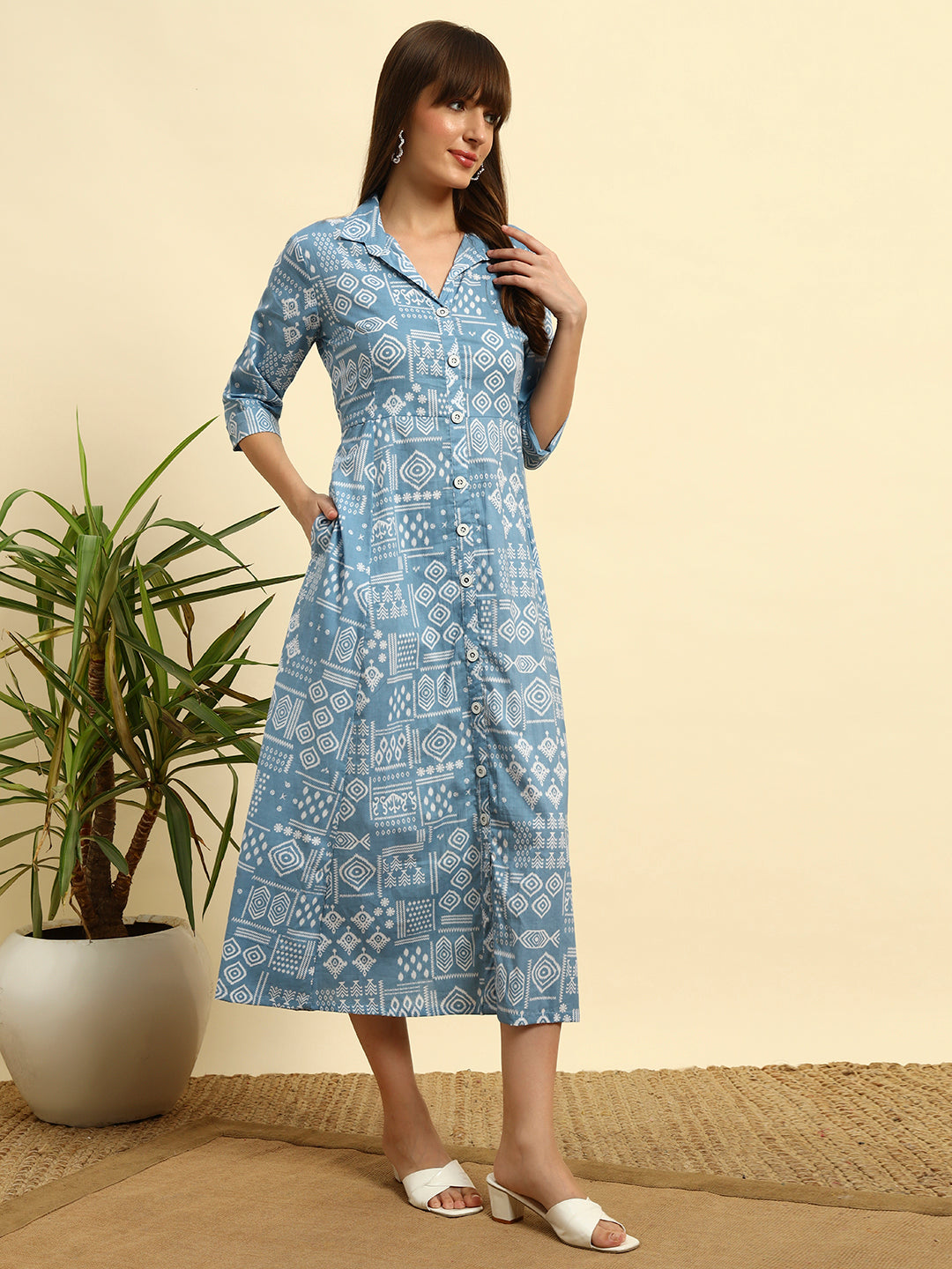 🖤 Women’s BlueAbstract Printed Shirt Dress with Belt