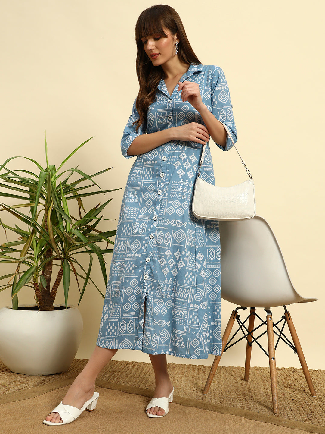 🖤 Women’s BlueAbstract Printed Shirt Dress with Belt
