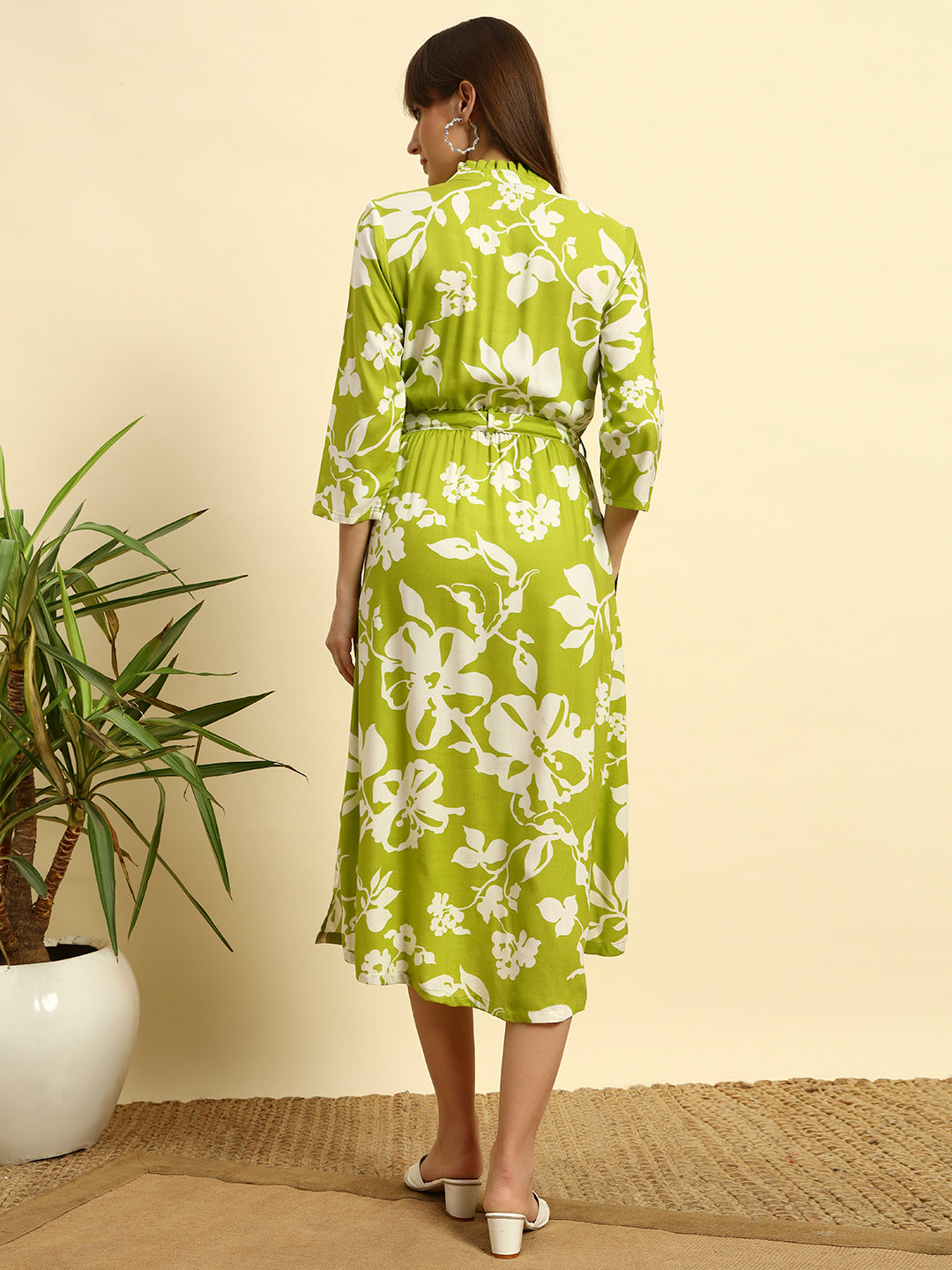 Green Floral Midi Shirt Dress for Women