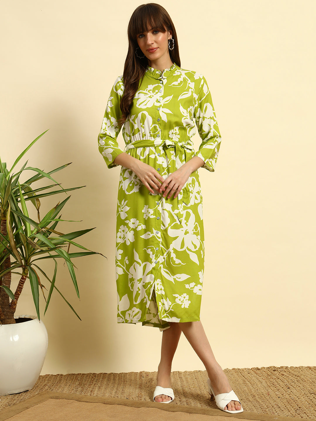 Green Floral Midi Shirt Dress for Women