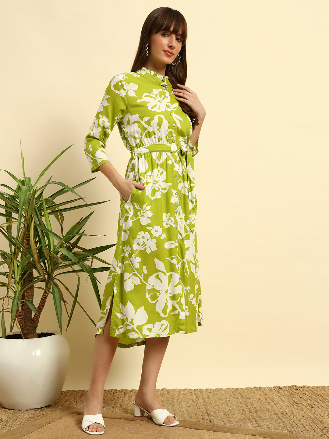 Green Floral Midi Shirt Dress for Women