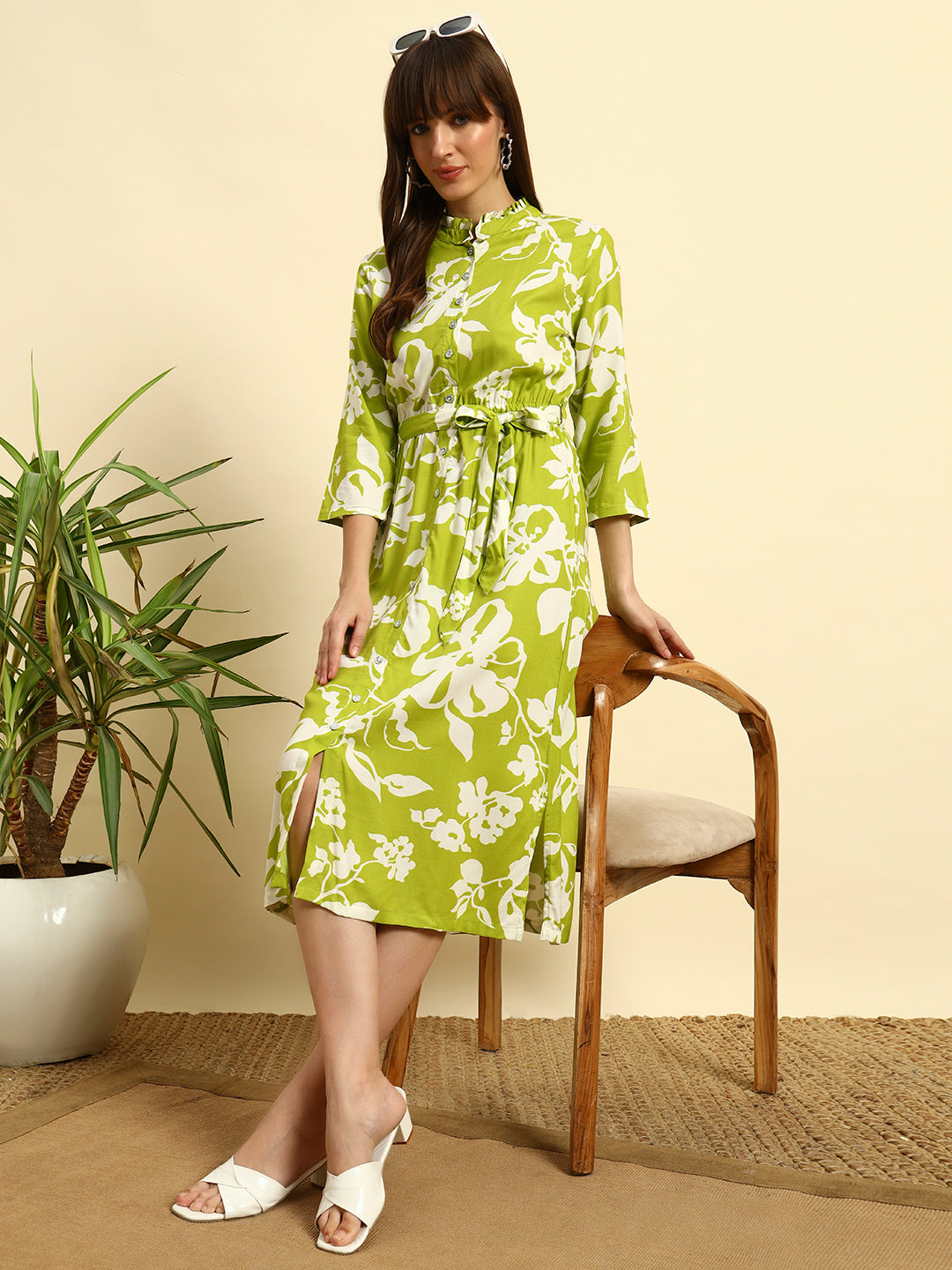 Green Floral Midi Shirt Dress for Women