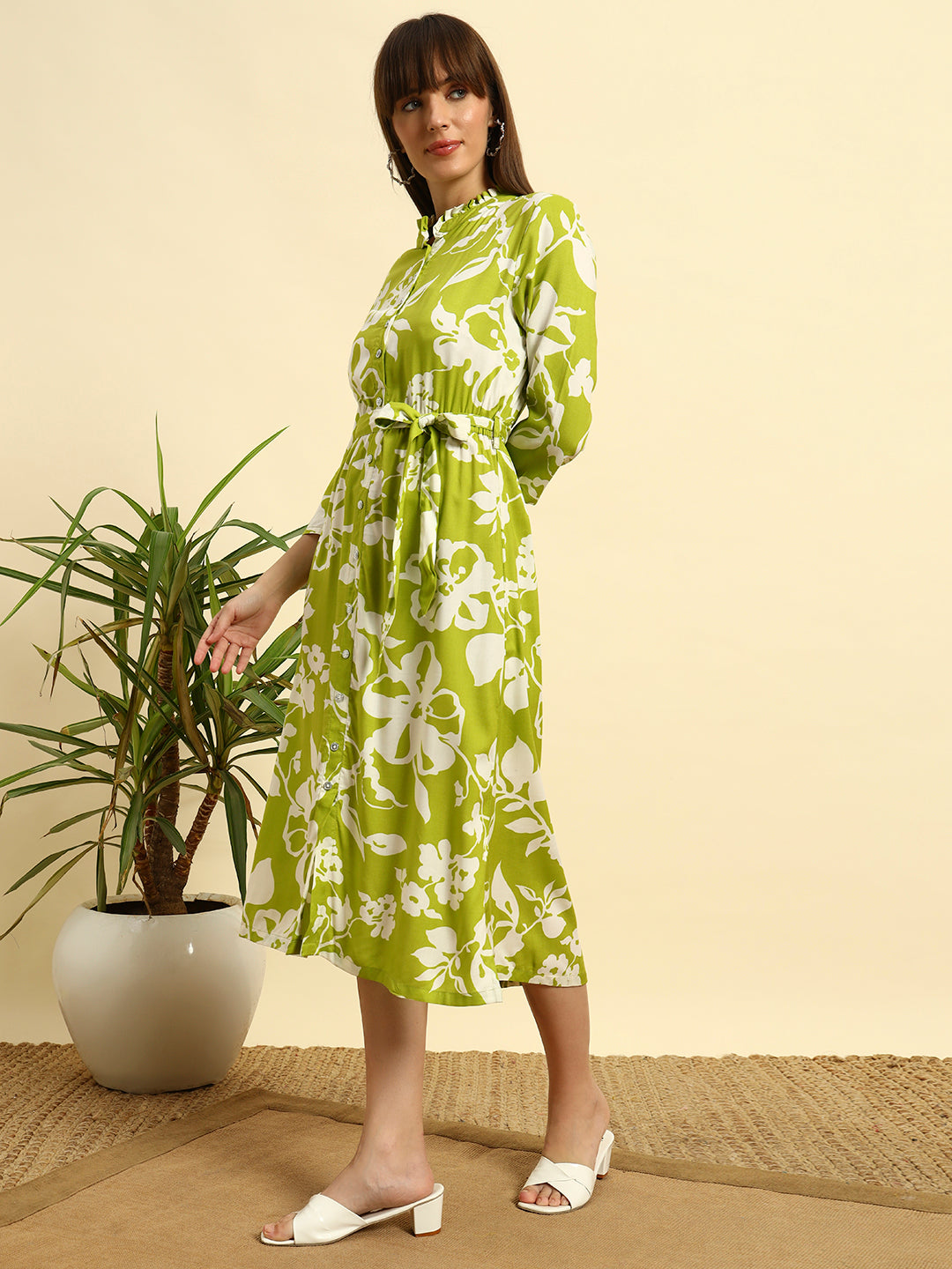 Green Floral Midi Shirt Dress for Women