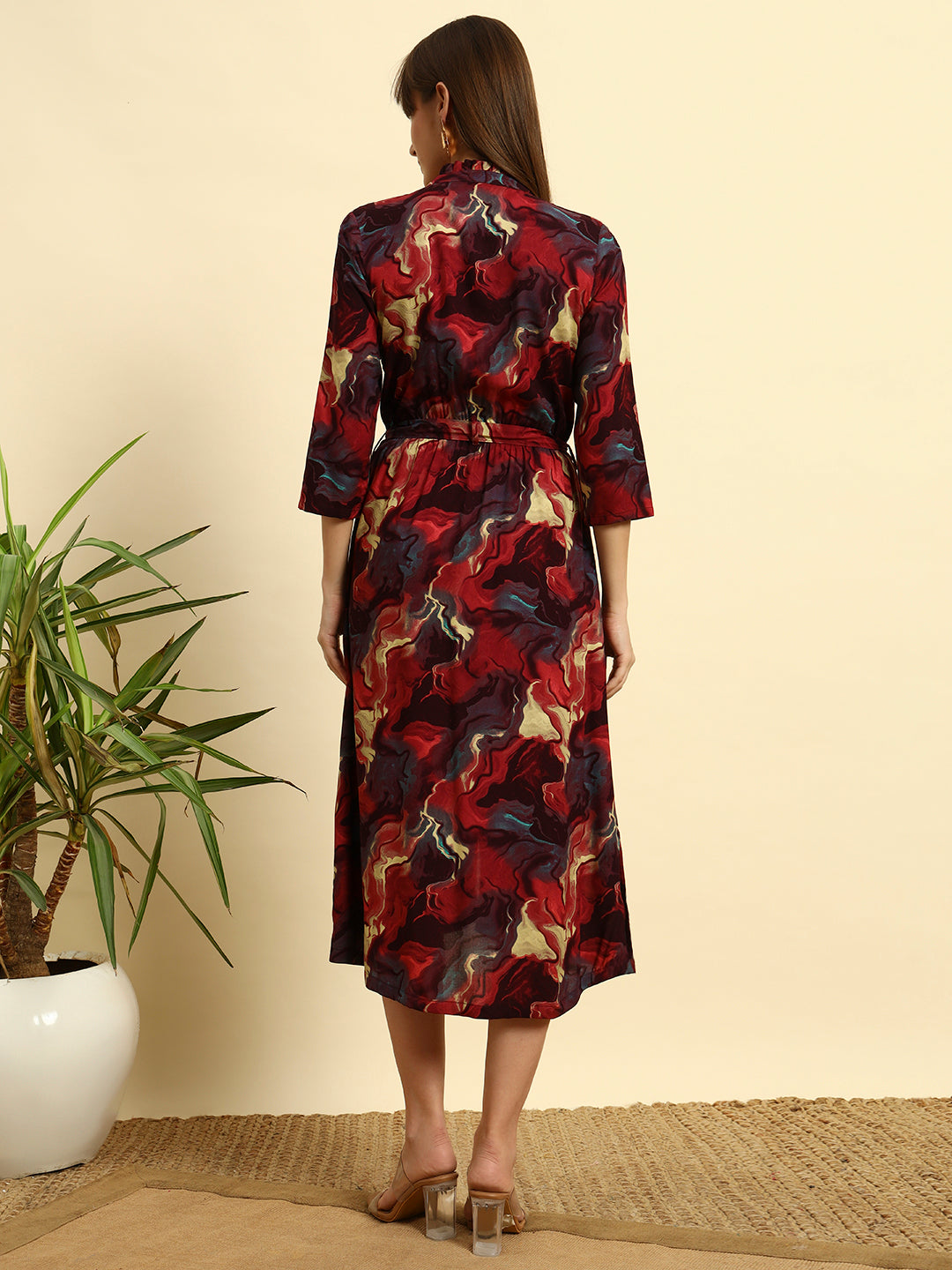 ❤️ Maroon Abstract Printed Button-Down Midi Dress with Waist Tie – Elegant Casual Wear for Women