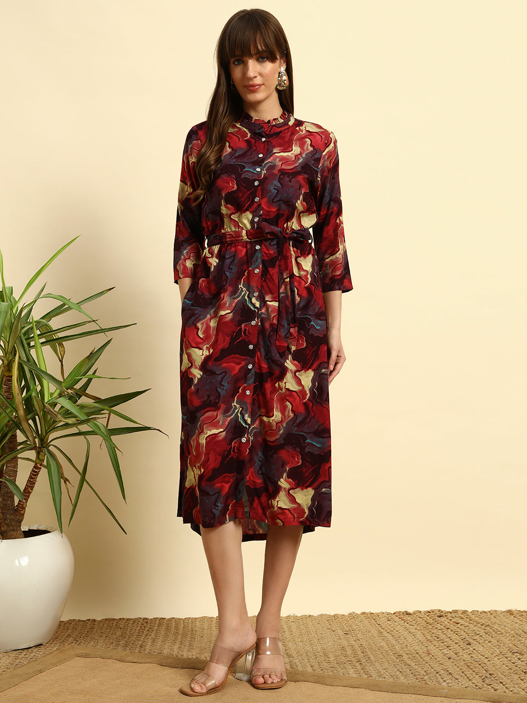 ❤️ Maroon Abstract Printed Button-Down Midi Dress with Waist Tie – Elegant Casual Wear for Women