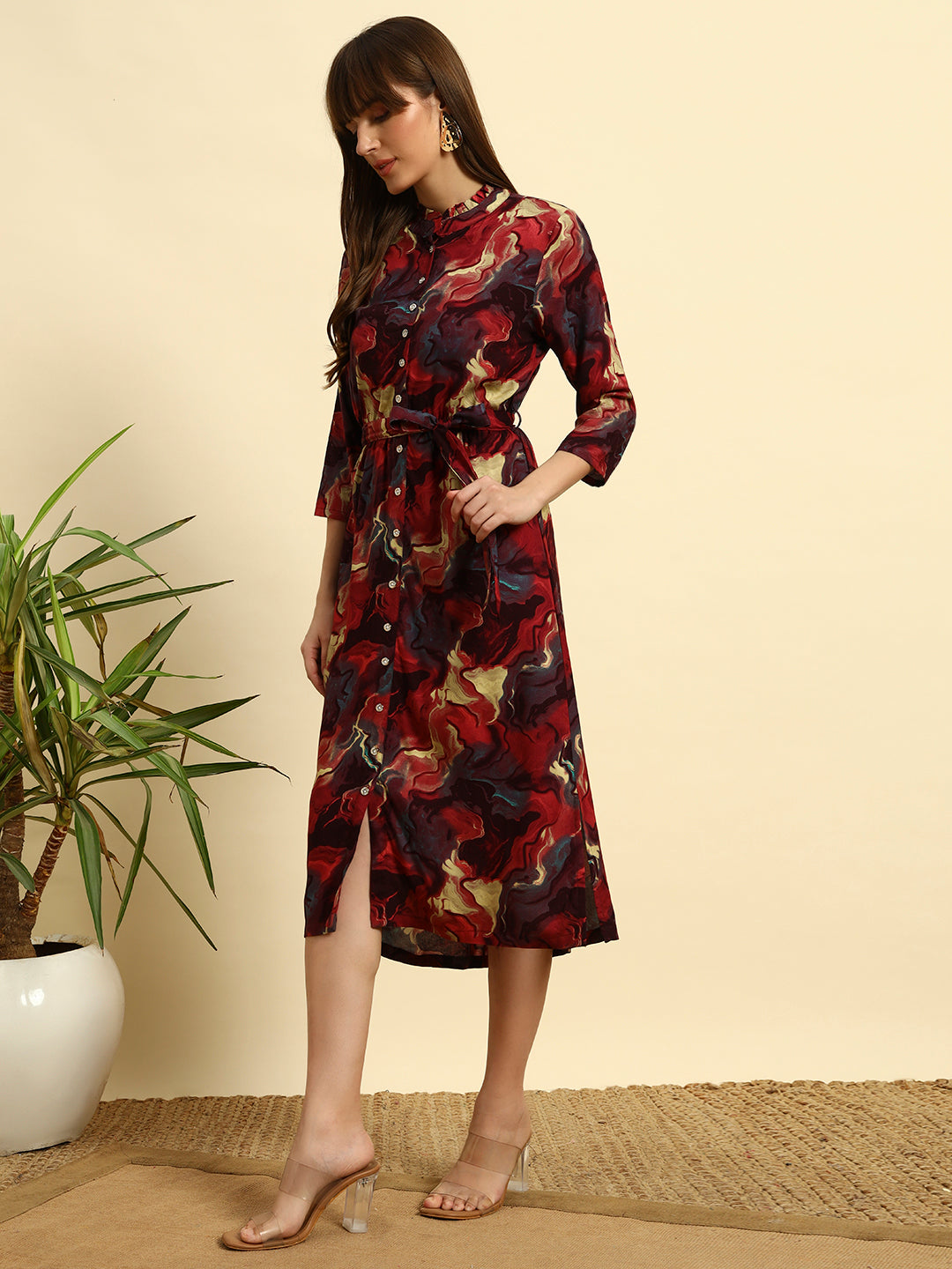 ❤️ Maroon Abstract Printed Button-Down Midi Dress with Waist Tie – Elegant Casual Wear for Women