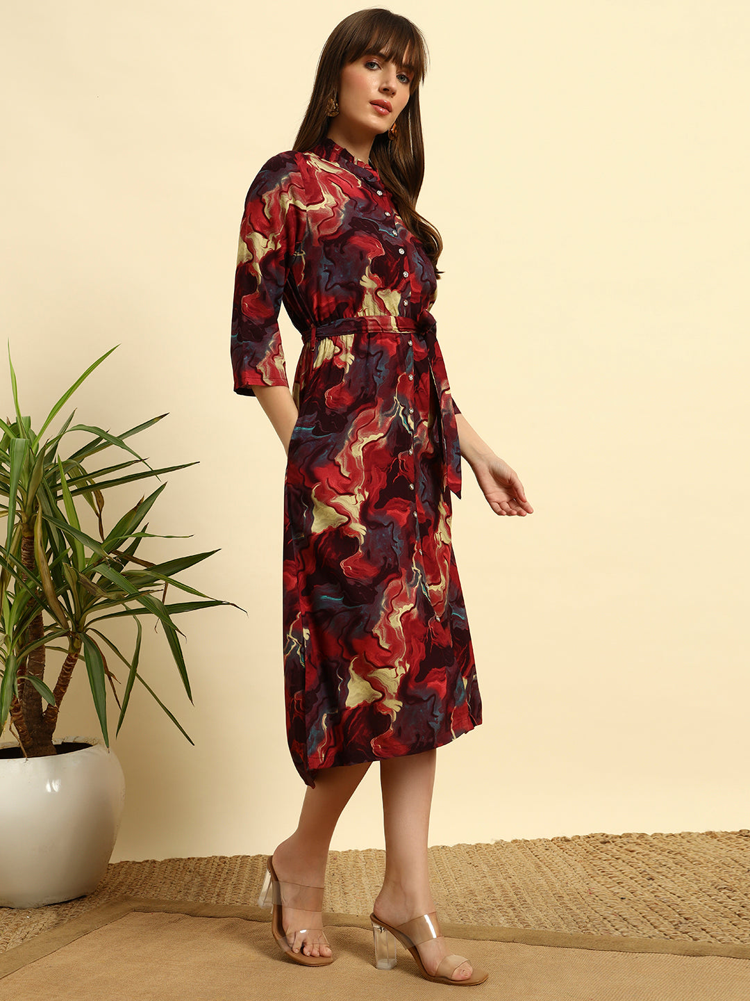 ❤️ Maroon Abstract Printed Button-Down Midi Dress with Waist Tie – Elegant Casual Wear for Women