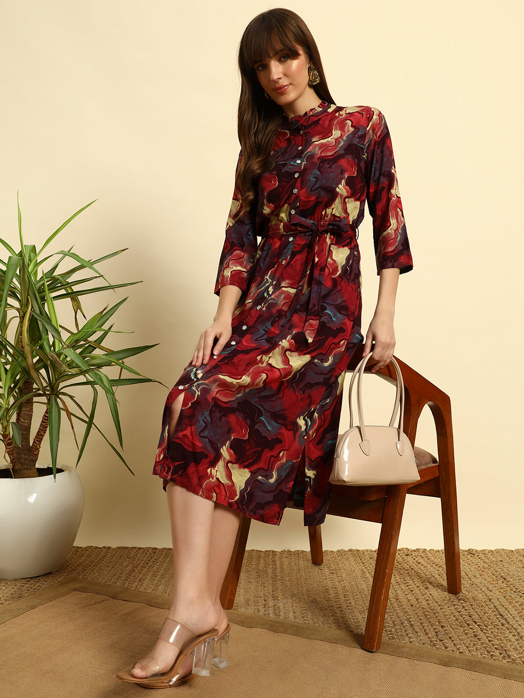 ❤️ Maroon Abstract Printed Button-Down Midi Dress with Waist Tie – Elegant Casual Wear for Women