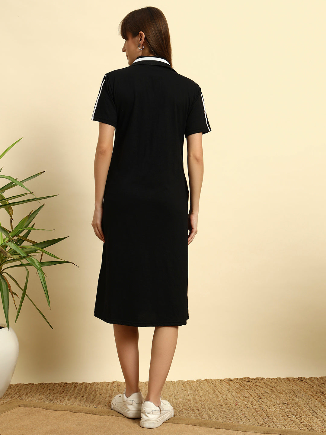 Women’s Black Striped Polo Collar Cotton T-shirt Midi Dress