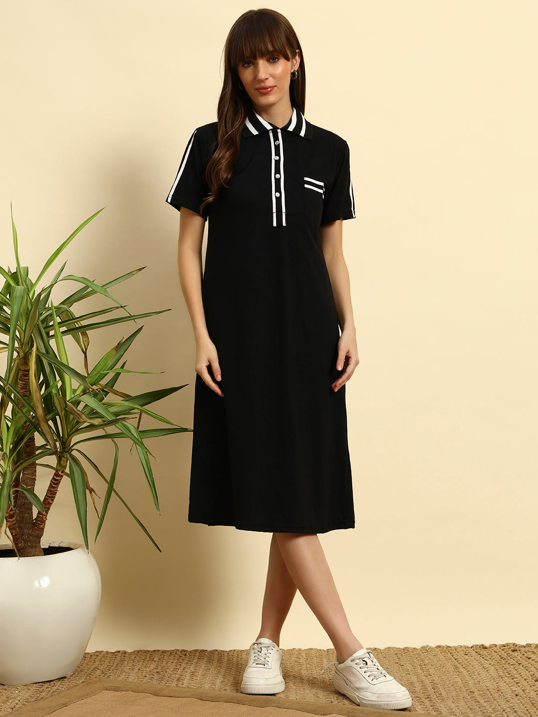 Women’s Black Striped Polo Collar Cotton T-shirt Midi Dress