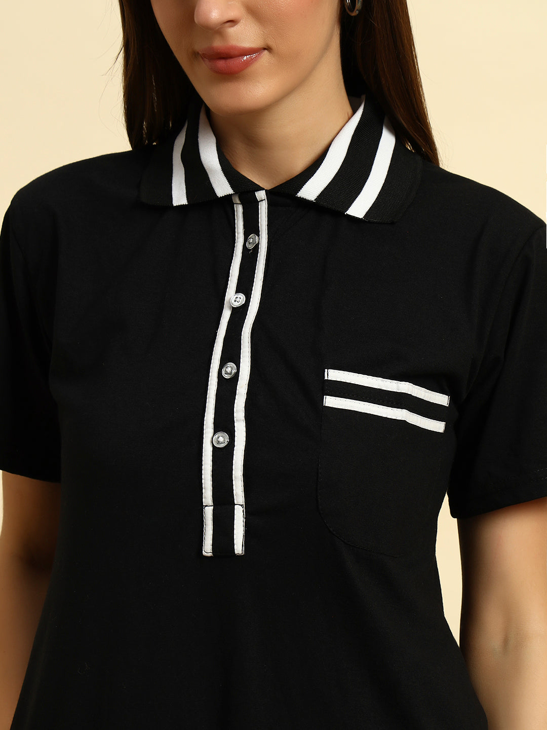 Women’s Black Striped Polo Collar Cotton T-shirt Midi Dress