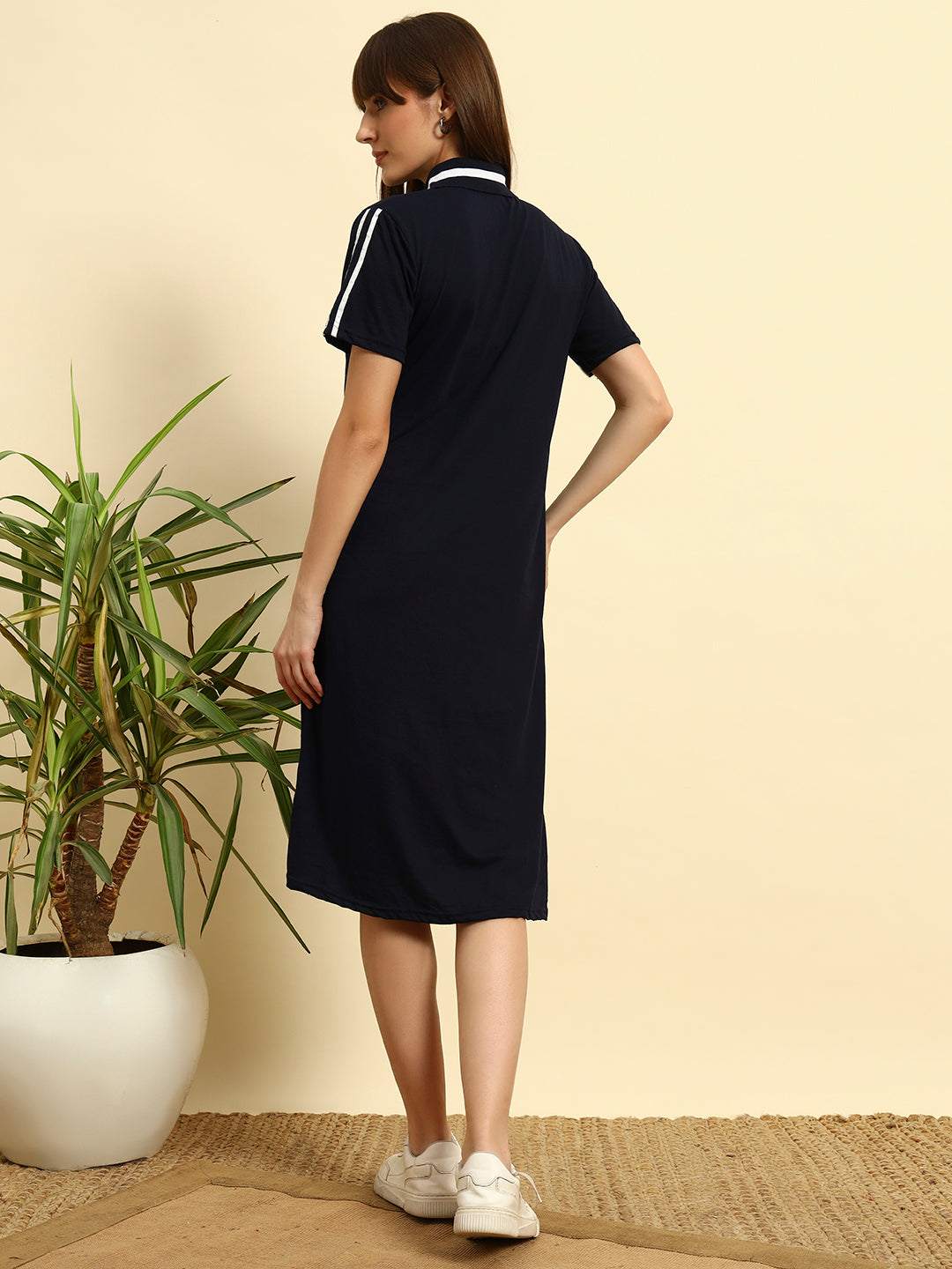 Navy Blue Striped Polo Collar T-shirt Midi Dress for Women