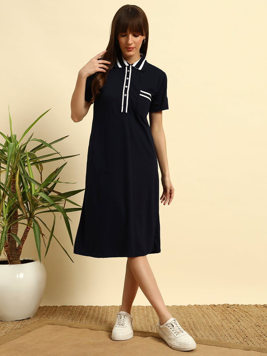 Navy Blue Striped Polo Collar T-shirt Midi Dress for Women