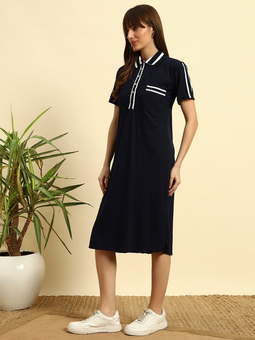 Navy Blue Striped Polo Collar T-shirt Midi Dress for Women