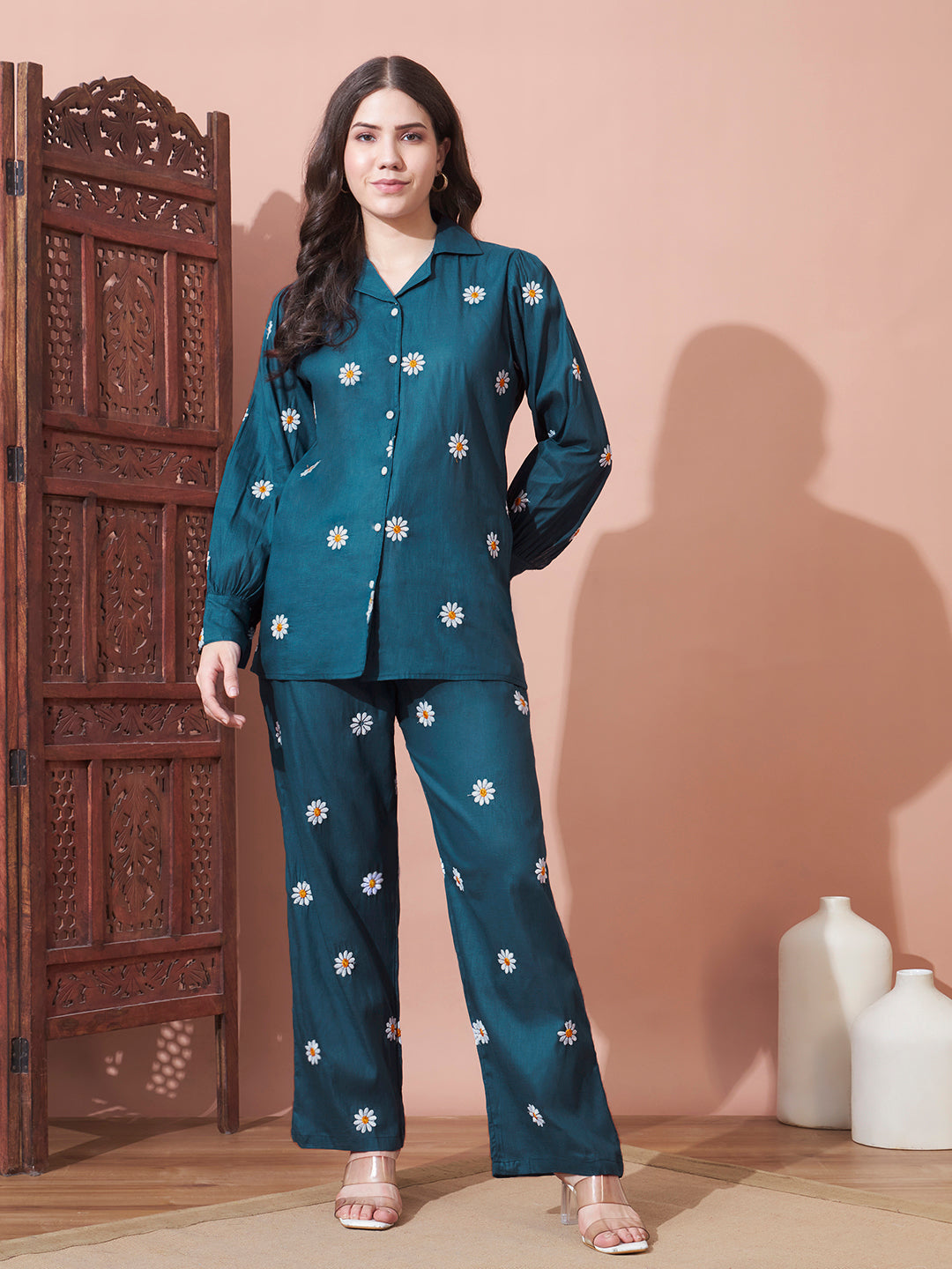 Teal Daisy Printed Night Suit Set for Women