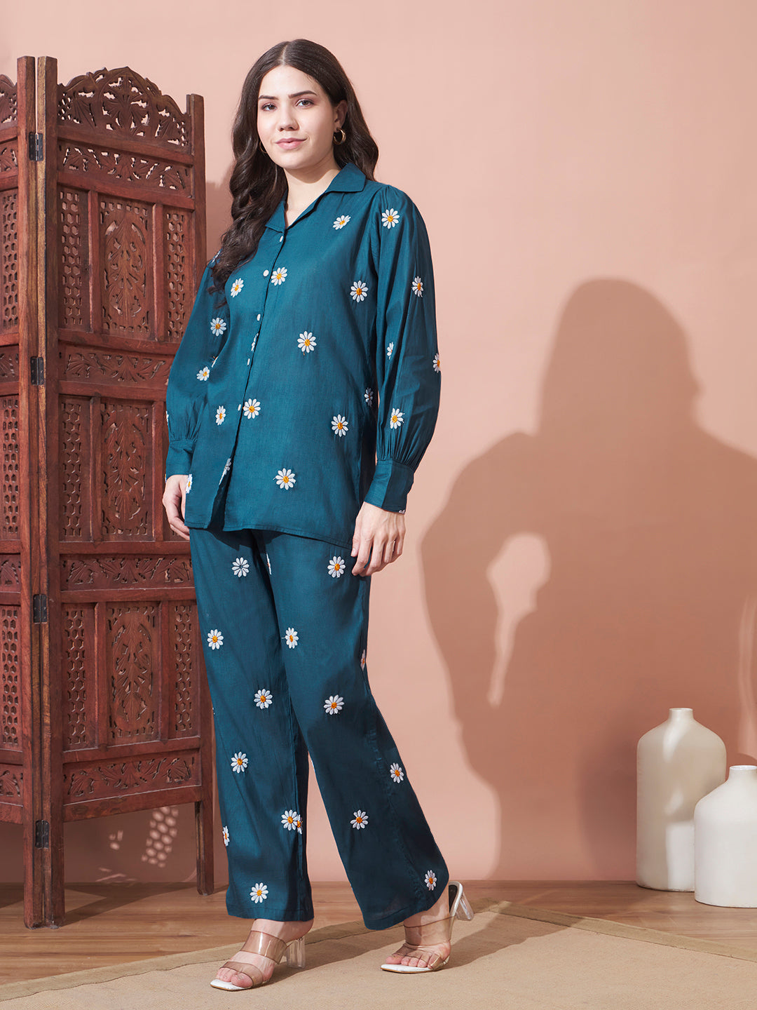 Teal Daisy Printed Night Suit Set for Women