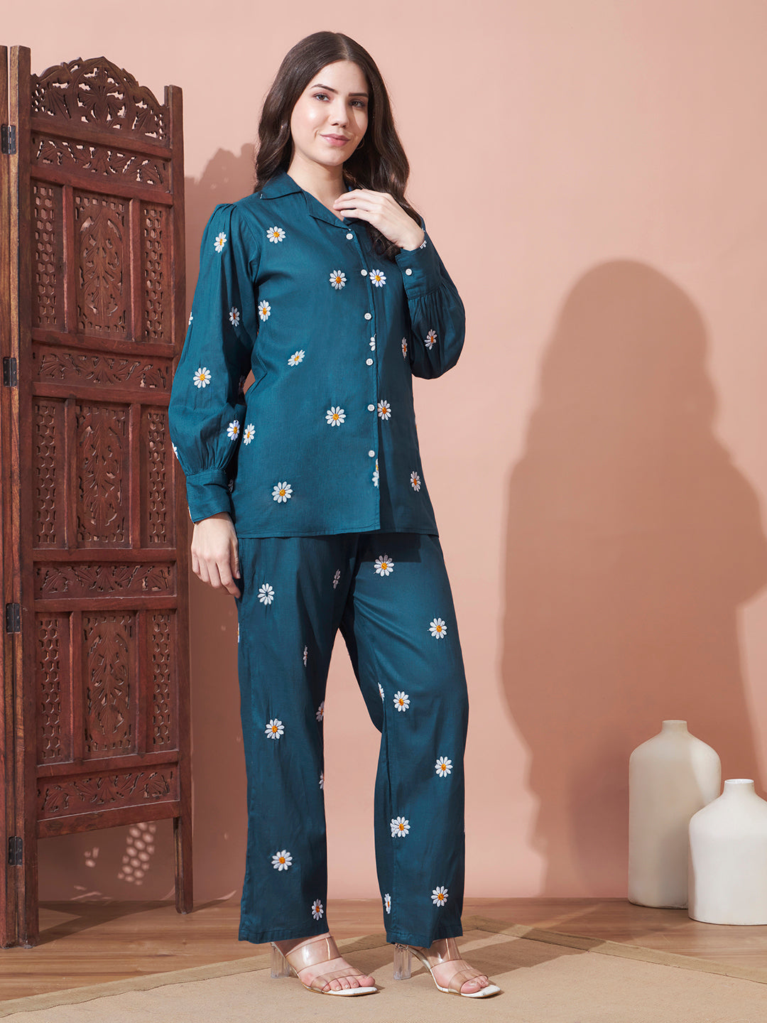 Teal Daisy Printed Night Suit Set for Women