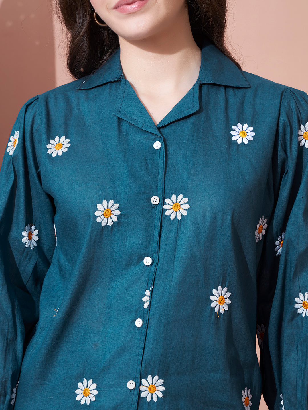 Teal Daisy Printed Night Suit Set for Women
