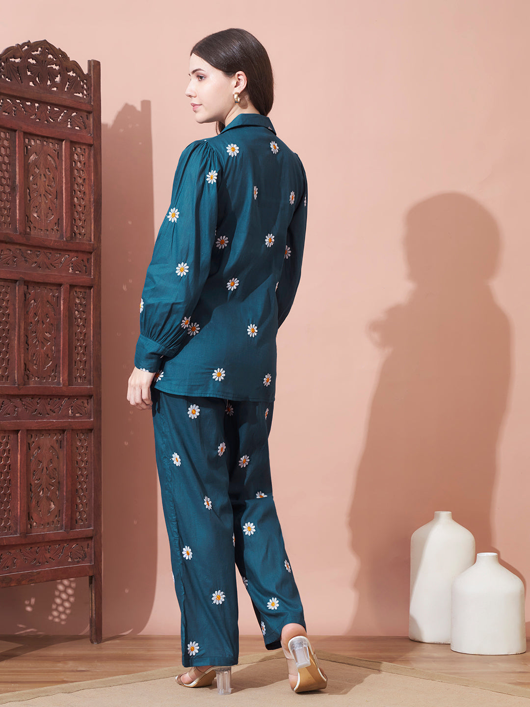 Teal Daisy Printed Night Suit Set for Women