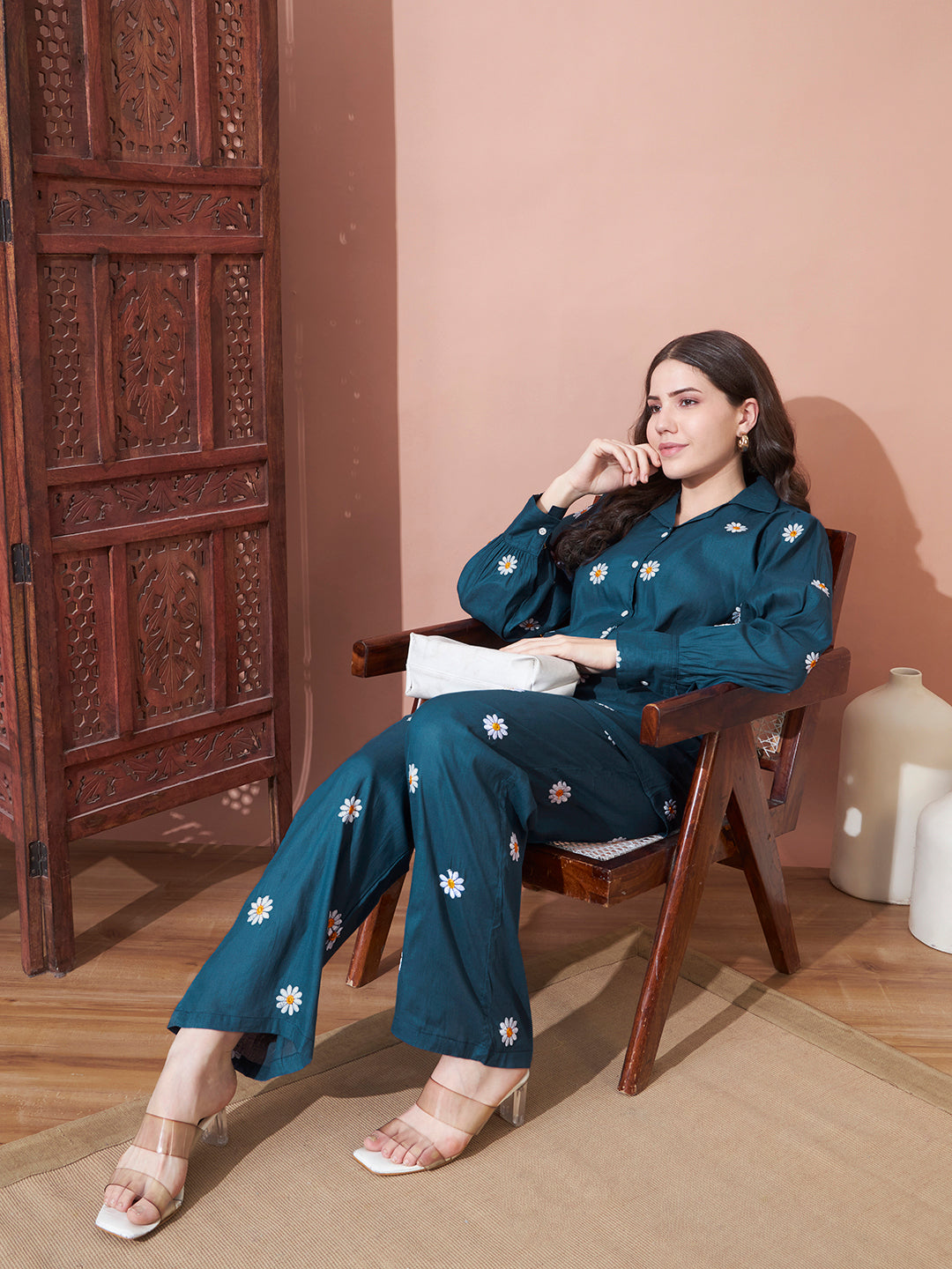 Teal Daisy Printed Night Suit Set for Women