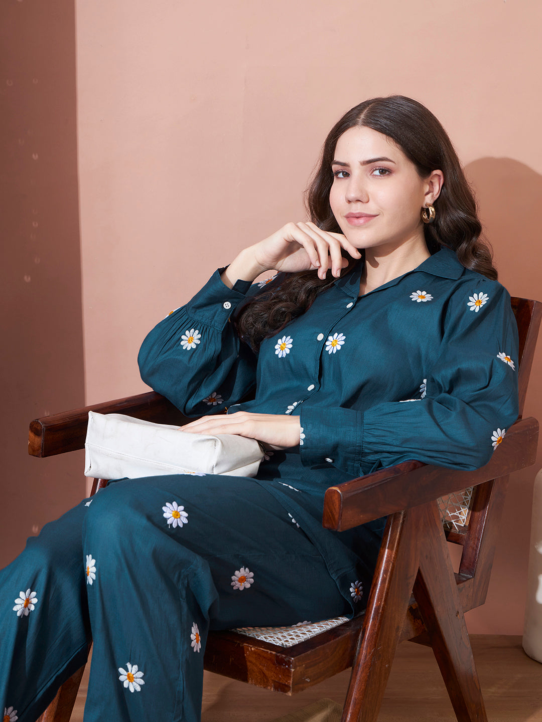 Teal Daisy Printed Night Suit Set for Women